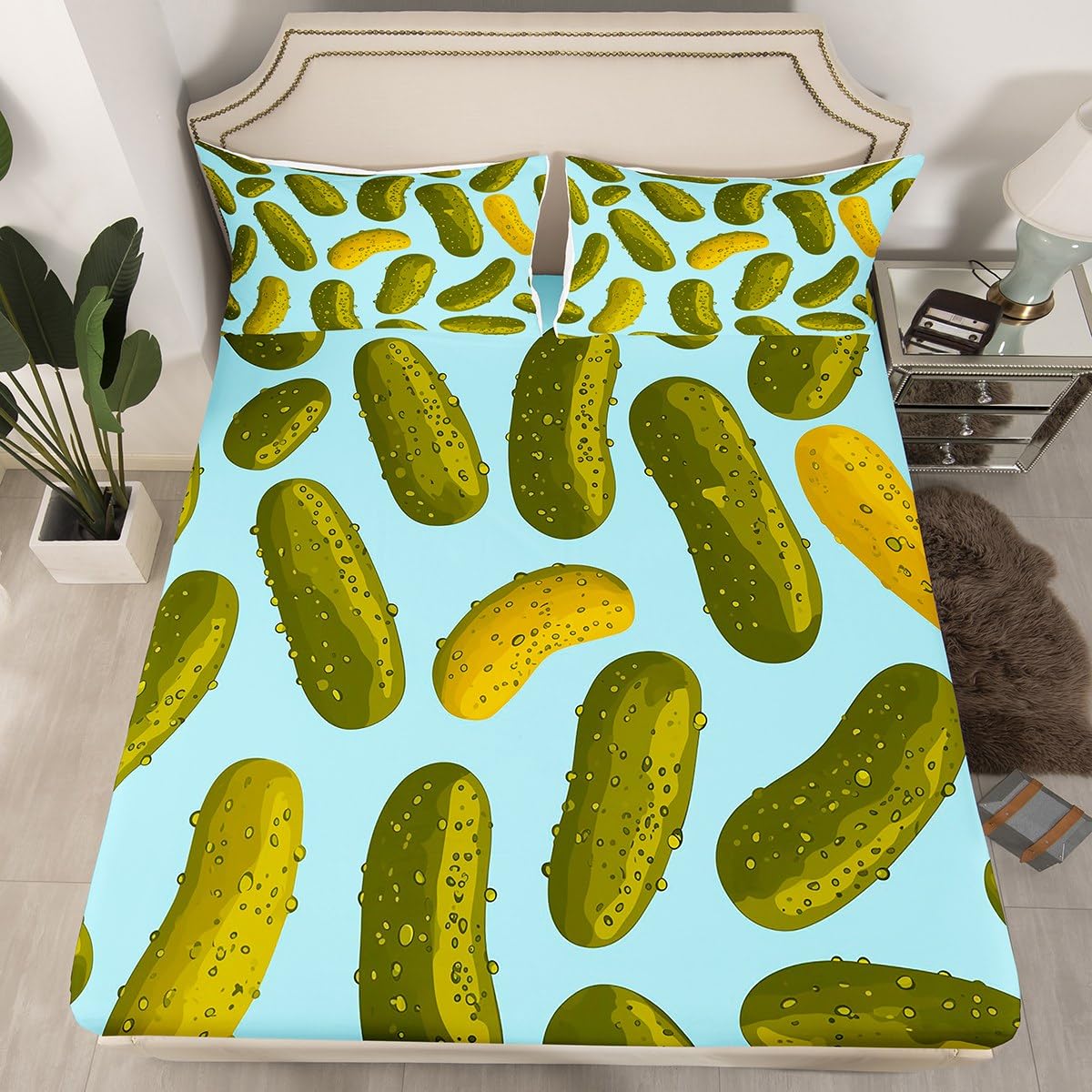 Green Cucumbers Bed Set Nature Pickle Print Fitted Sheet 3D Funny Pickles Pattern Bed Sheets for Kids Teens