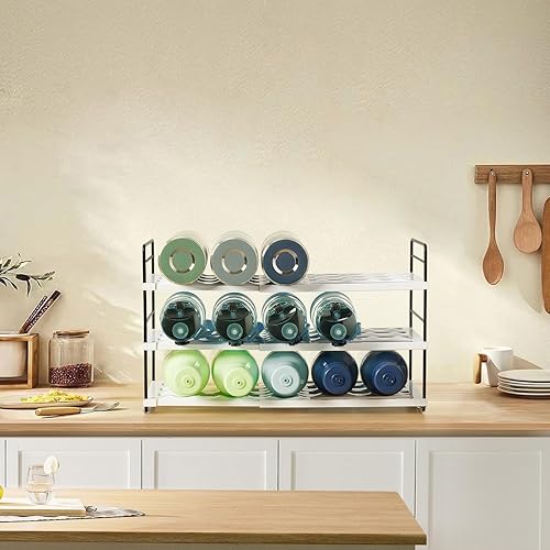 Miniatura 5 de Organizador de botellas de agua para gabinete, estante de almacenamiento de botellas de agua expandible de 3 niveles, organizador de vasos ajustable