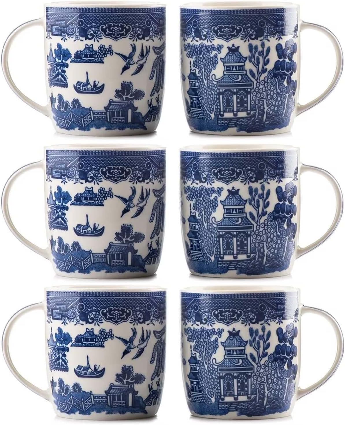 Blue Willow Barrel Mugs Set of 6, 340ml Bone China Coffee Mug Oriental Style Coffee Cups with Handle for Milk Tea Hot Cocoa (9 x 8.5cm)