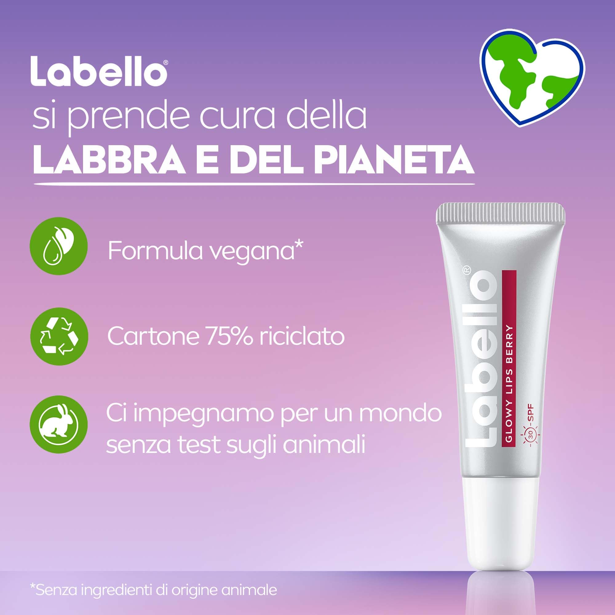 Labello Glowy Lips Berry + SPF 30 10 ml, Balsamo labbra colorato con effetto lip gloss intenso, Lucidalabbra con Acido Ialuronico + Vitamina E + Glicerina, Burrocacao labbra secche e screpolate