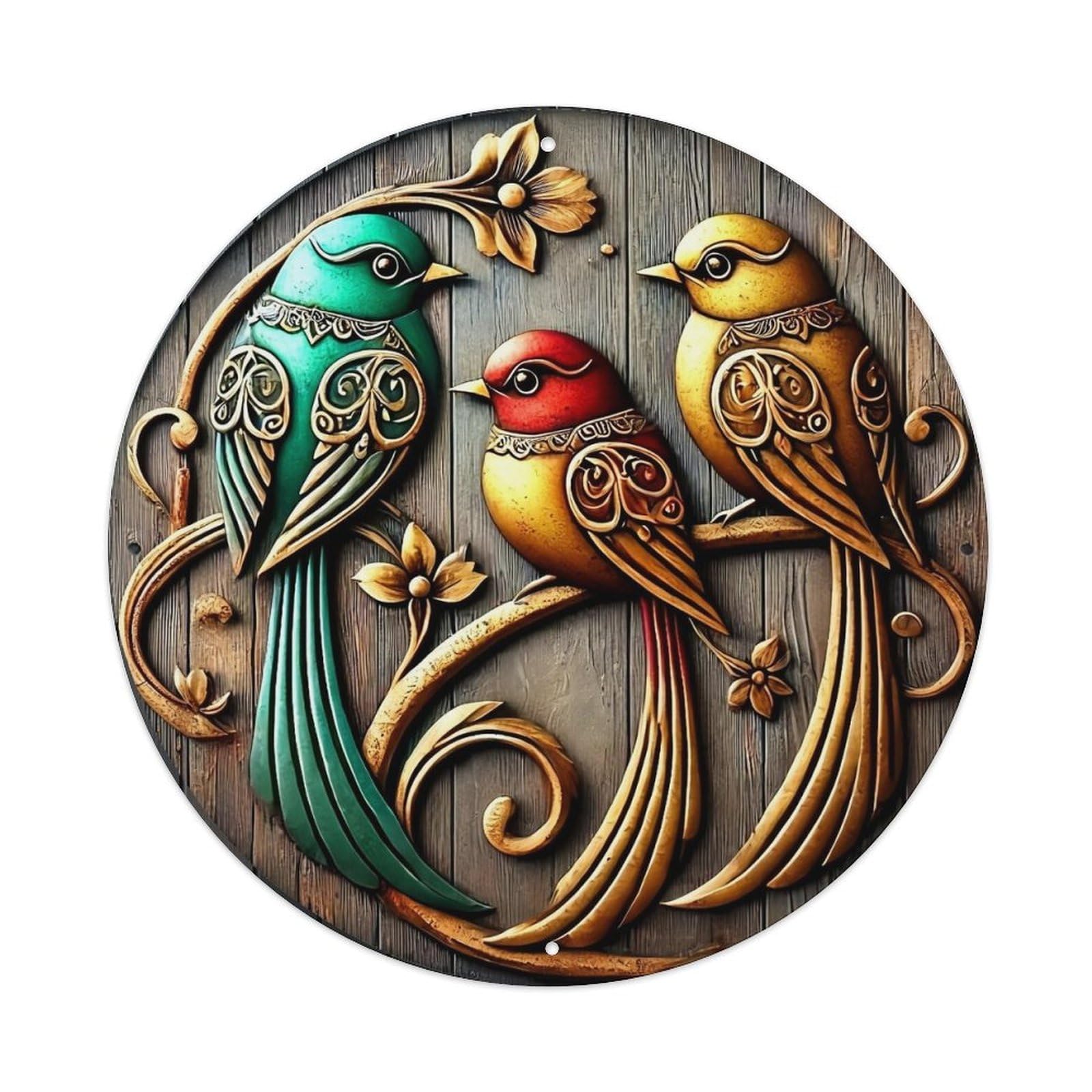 Birds Floral Wood Carved Art Metal Tin Sign Plaque