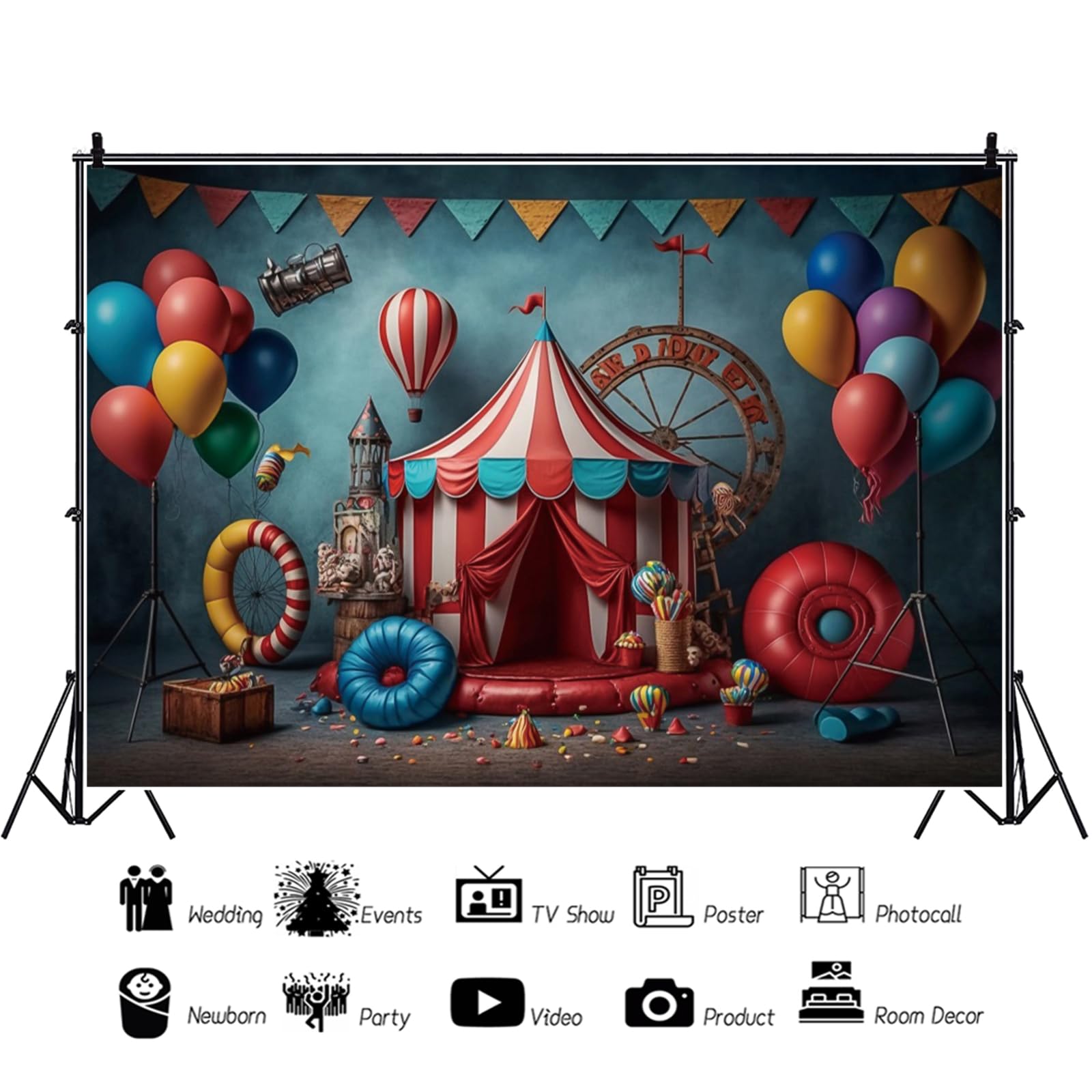 YongFoto 4,5x3m Circo Sfondo fotografico Tenda Rossa Bandiera Triangolare Pallone Stage Vintage ▾ Foto sfondo per bambini Notte di Carnevale Oggetti di scena per servizi fotografici in studio