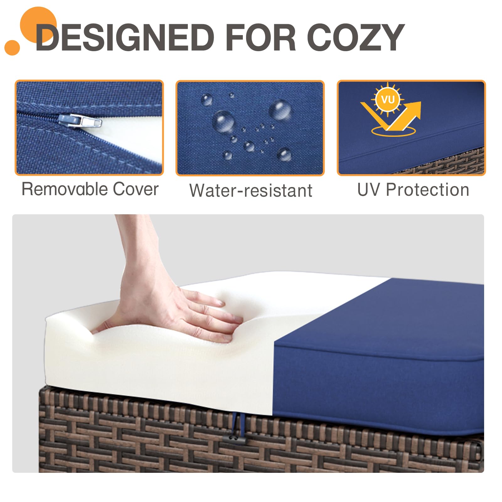 COOS BAY Harbor Retreat Wicker Outdoor Ottomans Set of 2, Patio Footrests with Removable Cushions for Couch, Deck, Backyard & Poolside, Brown/Blue