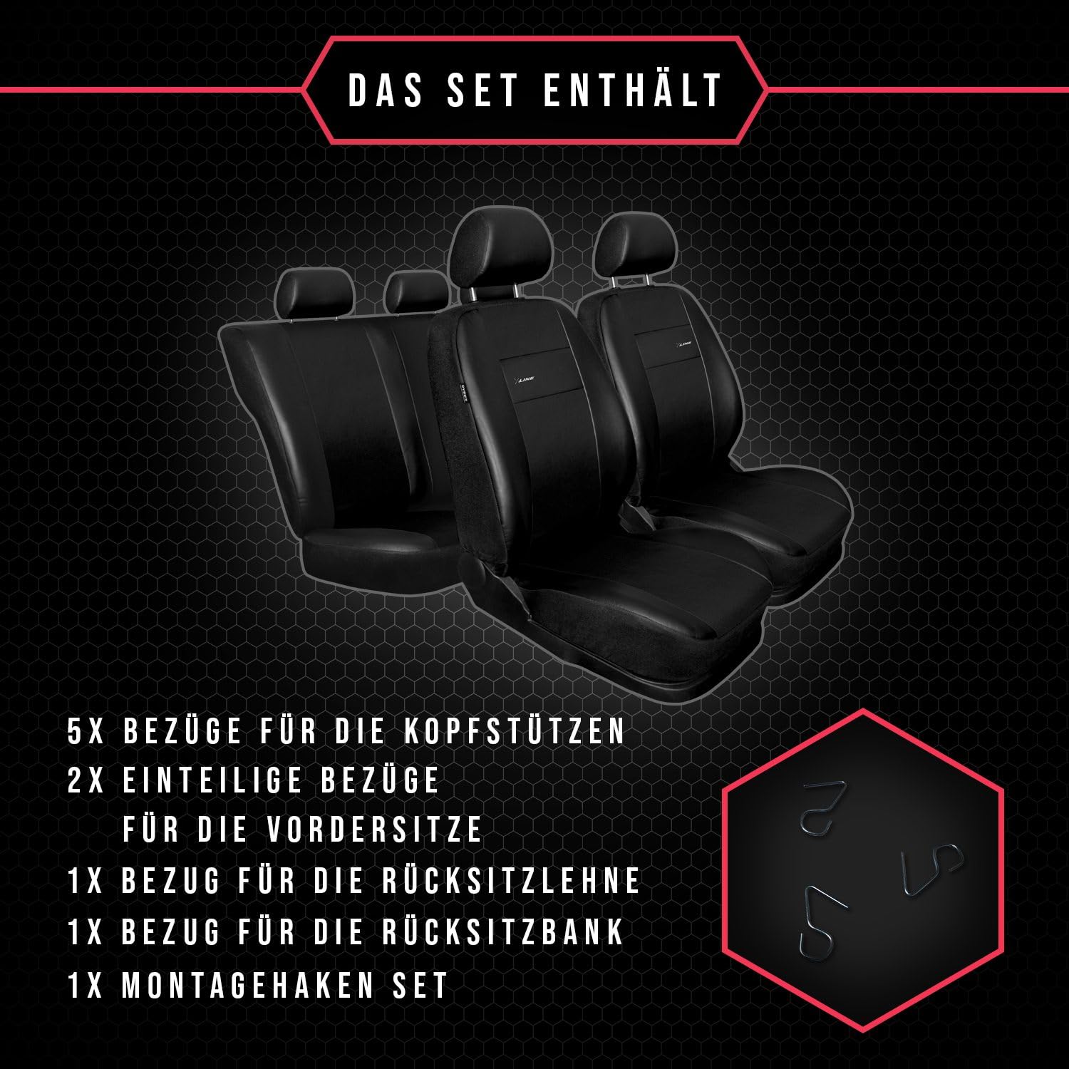 3er Set Autositzbezüge PKW universal | Auto Sitzbezüge Kunstleder Schwarz für Airbag geeignet | für Vordersitze und Rückbank 1+1 Autositze vorne und 1 Sitzbank hinten teilbar Reißverschlüsse