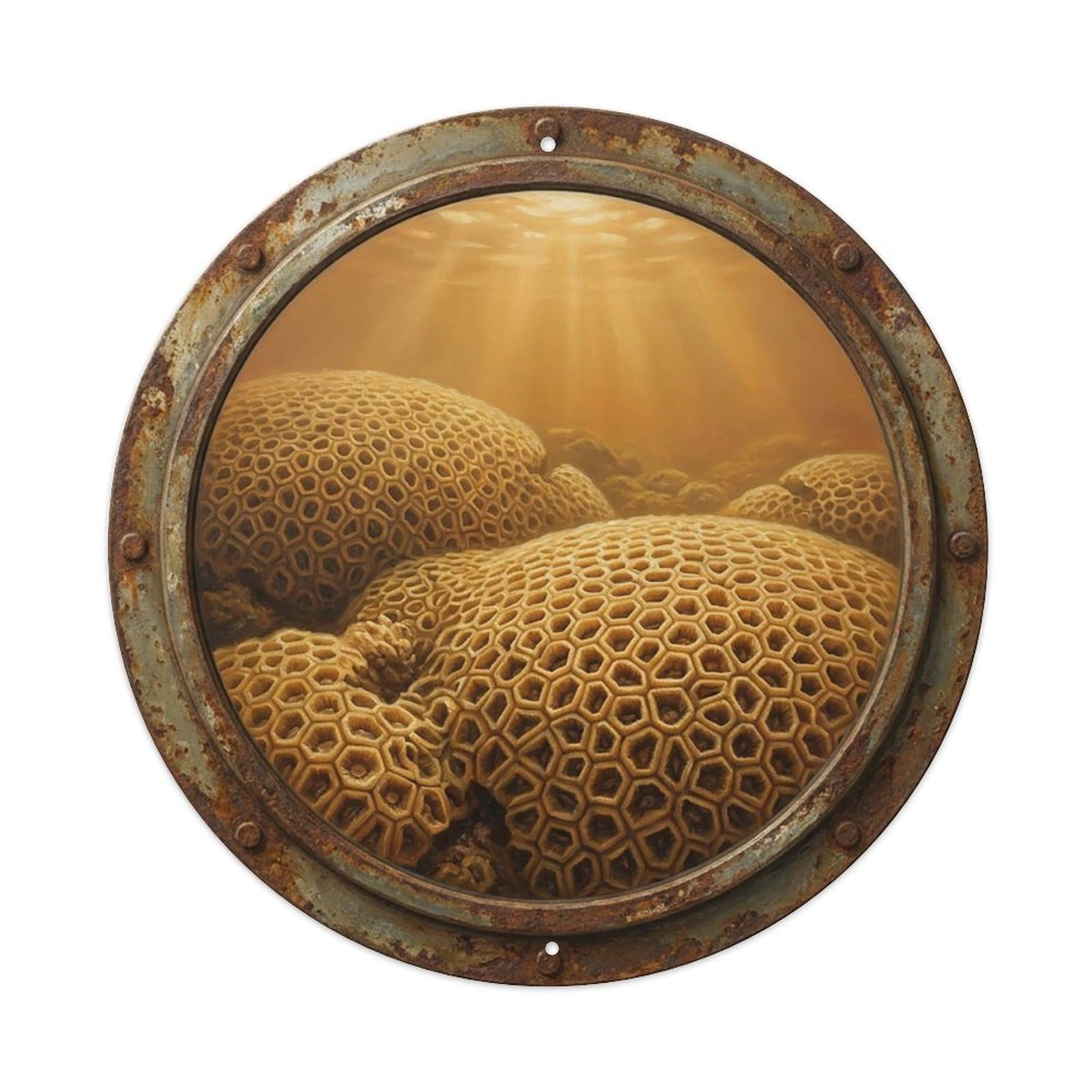 Vintage Porthole Honeycomb Coral Ship Window Under Deep Metal Tin Sign