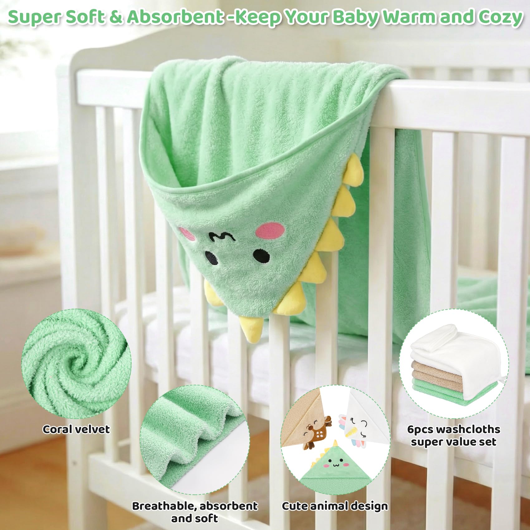 9 PCS Baby Bath Towels for Newborn Essentials (Dinosaur, Unicorn, Bear) view 4
