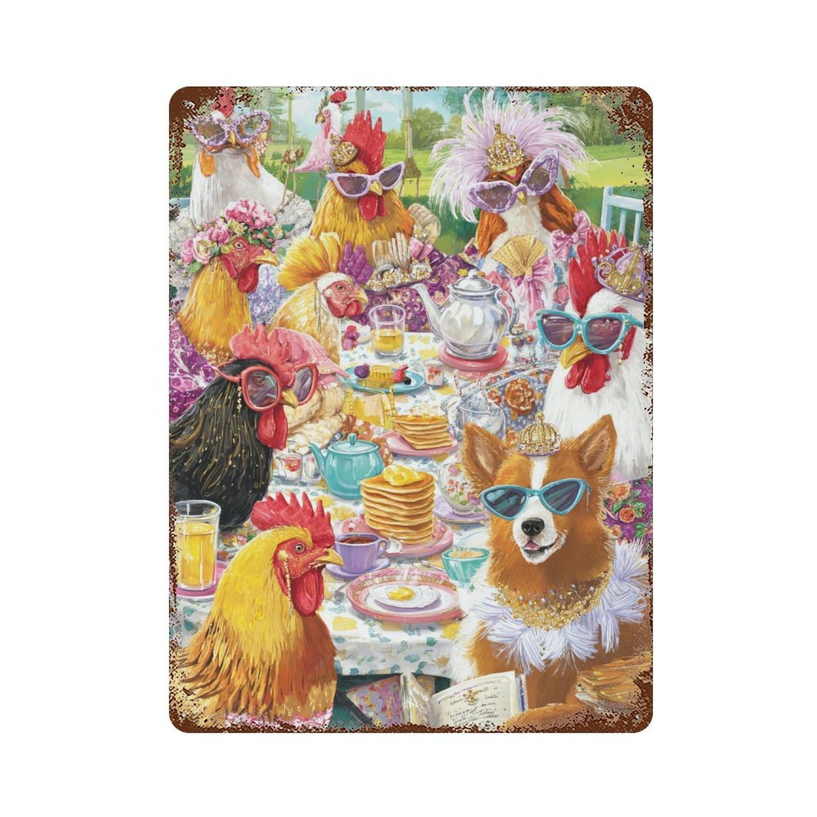 Chickens Tea Party 15.7"x11.8" Vintage Rust Metal Sign, Classic Wall Plaque for Pub, Kitchen And Man Cave Decor