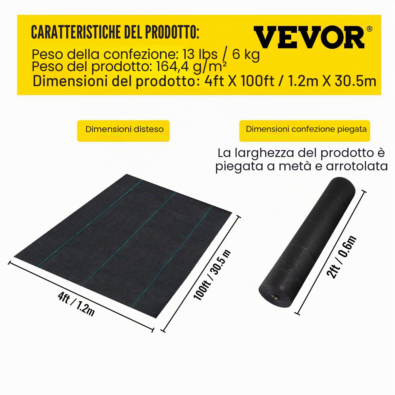VEVOR Telo Pacciamatura Anti Infestanti, 200g/㎡ PP Barriera di Tessuto per Erbacce Paesaggistico da Giardino Protezione di Suolo UV Tessuto Polietilene 1,2 x 30,5 m, Tessuto Geotessile per Giardino