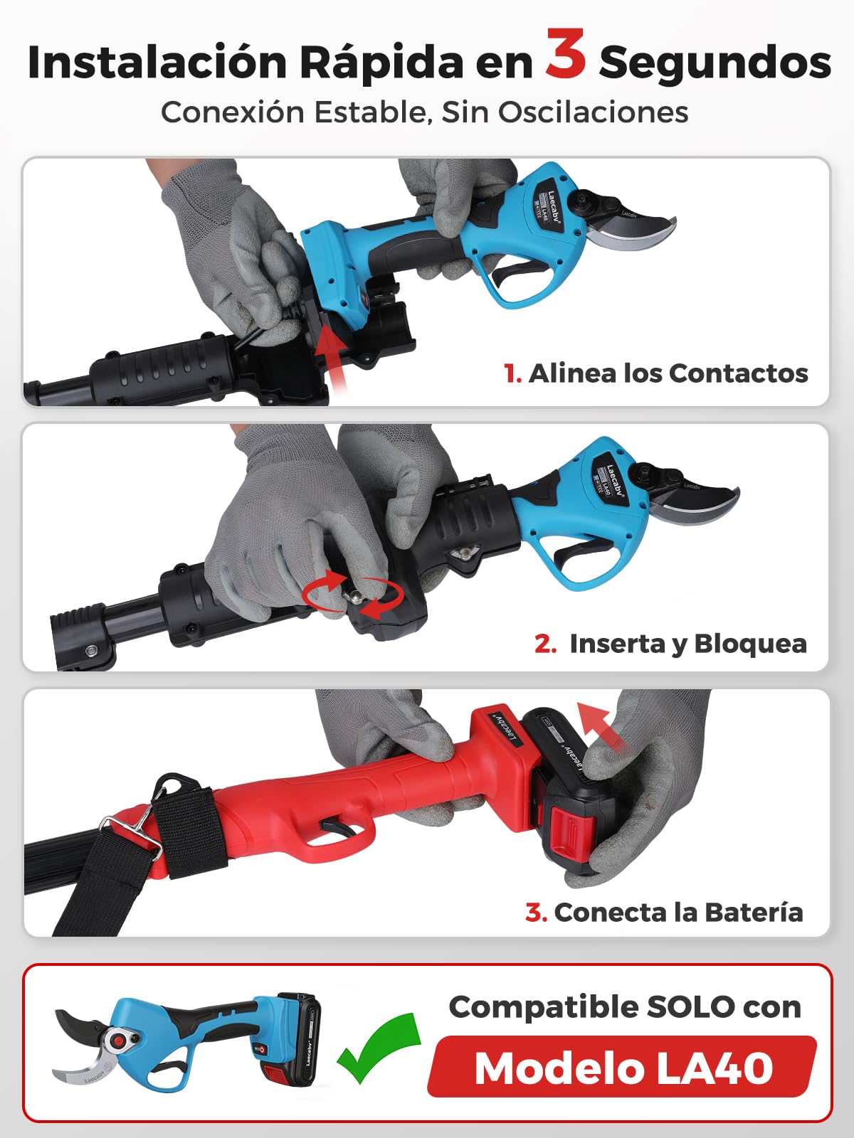 Laecabv Barra de Extensión Telescópica 2.5M para Tijeras de Podar Eléctricas (SOLO Modelo LA40)- Pértiga Extensible de Aluminio Ligero con Correa, Poda de Ramas Altas desde el Suelo Sin Escalera
