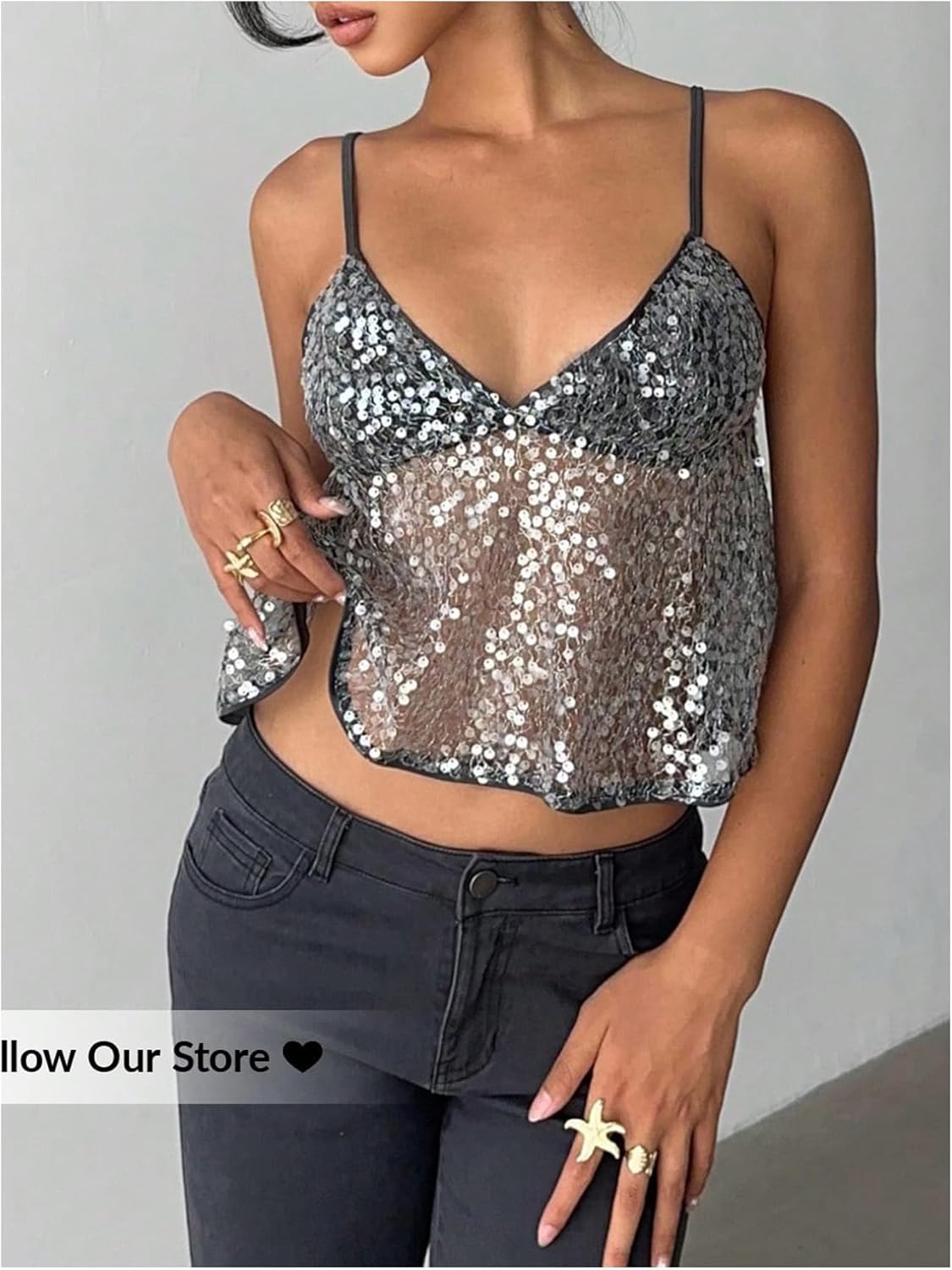 Floerns Women's Sequin Cami Tops Sleeveless V Neck Sheer Mesh Ruffle Hem Night Out Camisole - Image 5