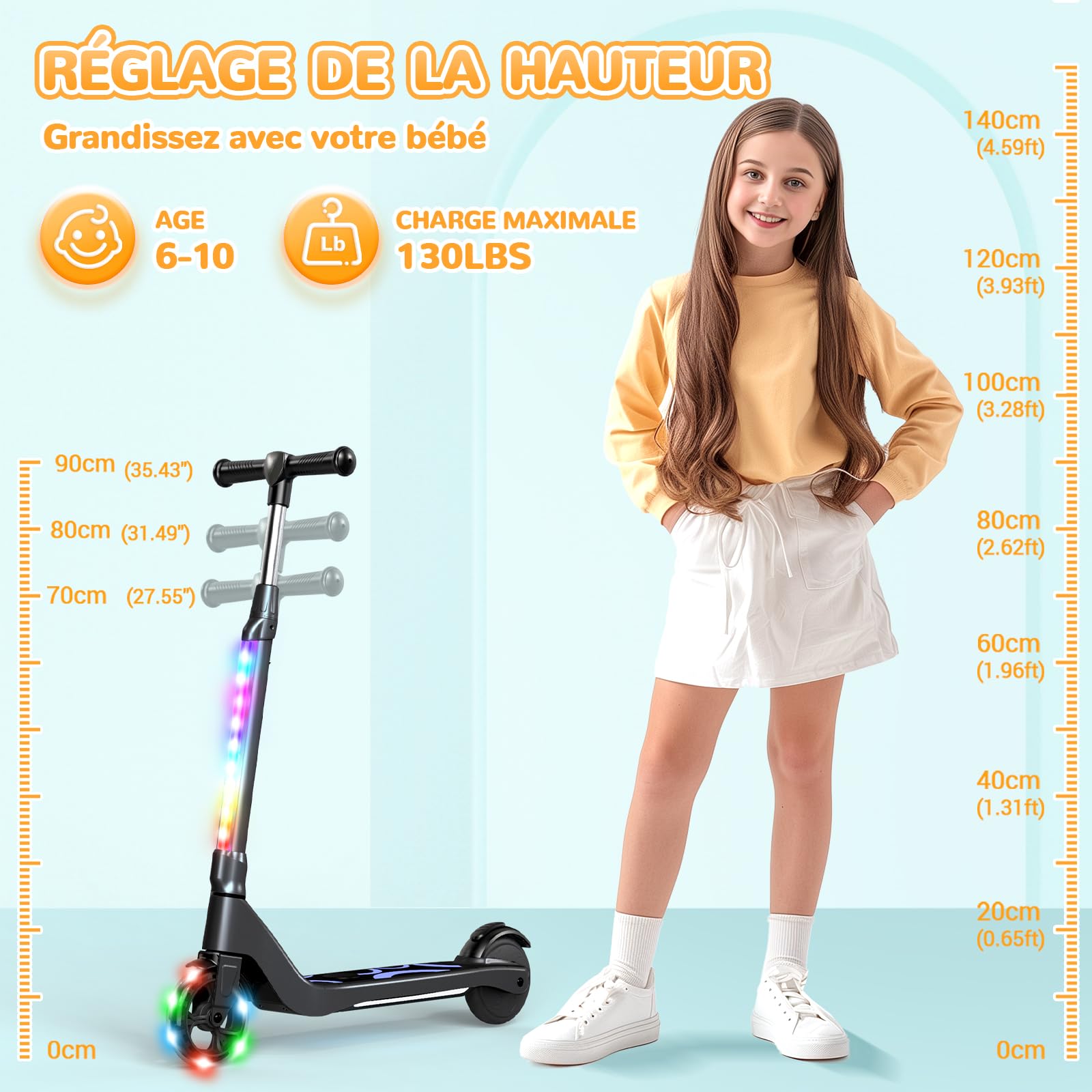 SISIGAD Trottinette Electrique Enfant 6-8-10 Ans Electric Scooter Kids 5.3 Pouces avec Lumière LED Colorée & 3 Hauteurs Ajustables, Scooter Électrique Enfant Charge Max 70 Kg, Vitesse Max 10 Km/h
