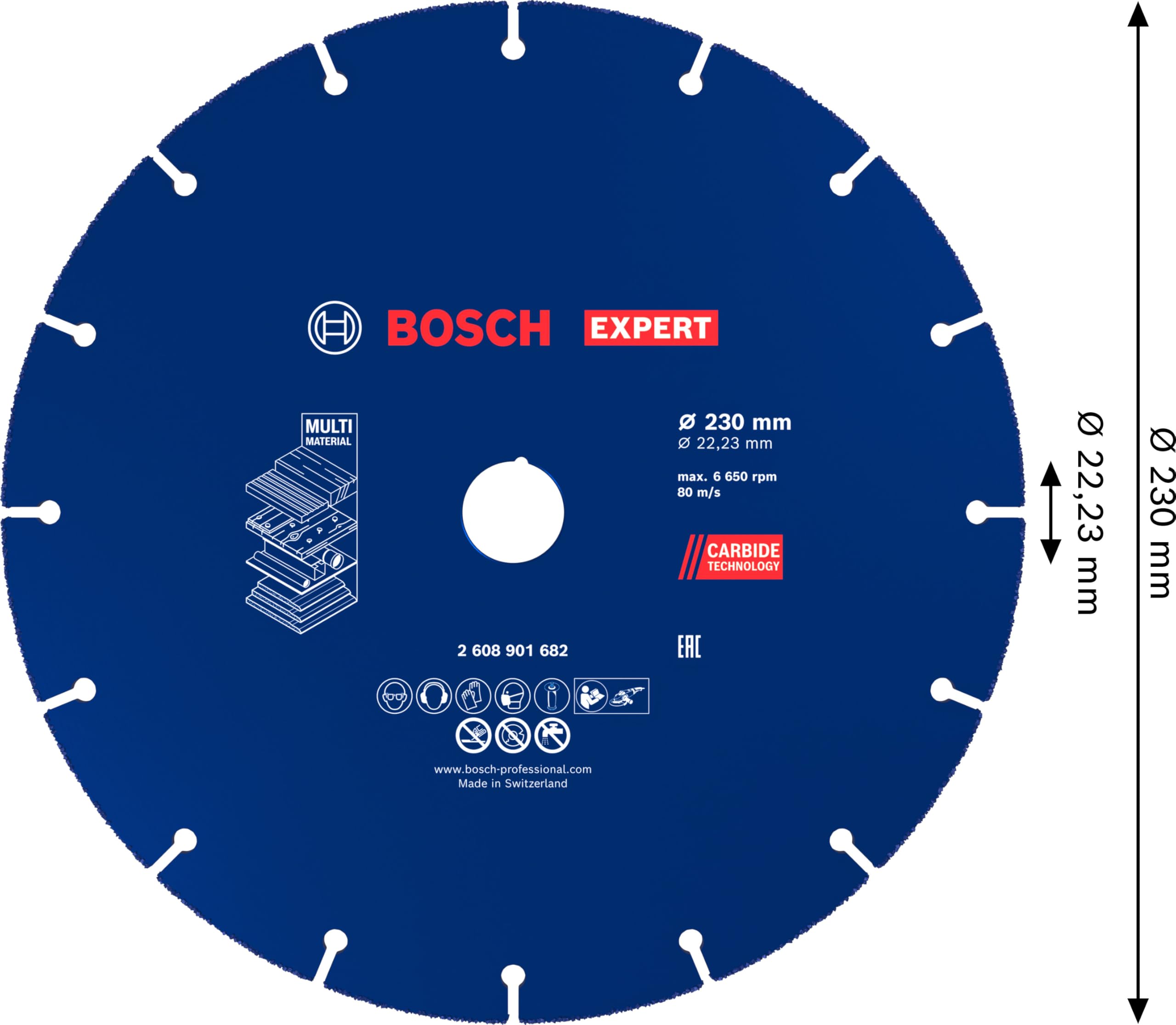 Bosch 1x Mola da taglio EXPERT Carbide Multi Wheel grandi (per Legno duro, Legno con chiodi, Ø 230 mm, Professional Accessorio Smerigliatrice angolare grande)