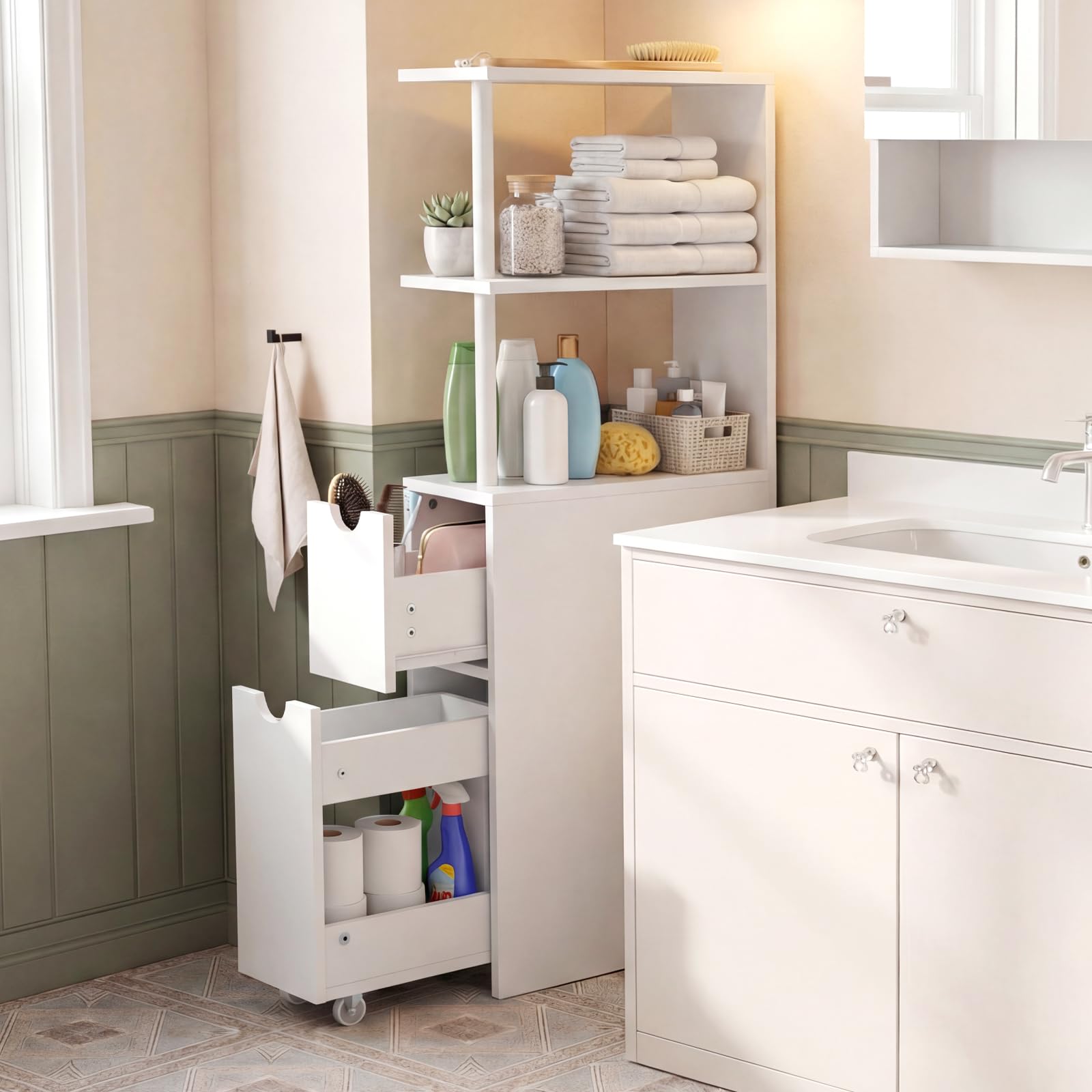 LIFEZEAL Meuble de Salle de Bain Étroit, Armoire de Rangement Haute avec Étagères Ouvertes et Tiroir sur roulettes, Meuble Colonne Autoportant pour Salon et Cuisine, Blanc, 45 × 20 × 114 CM