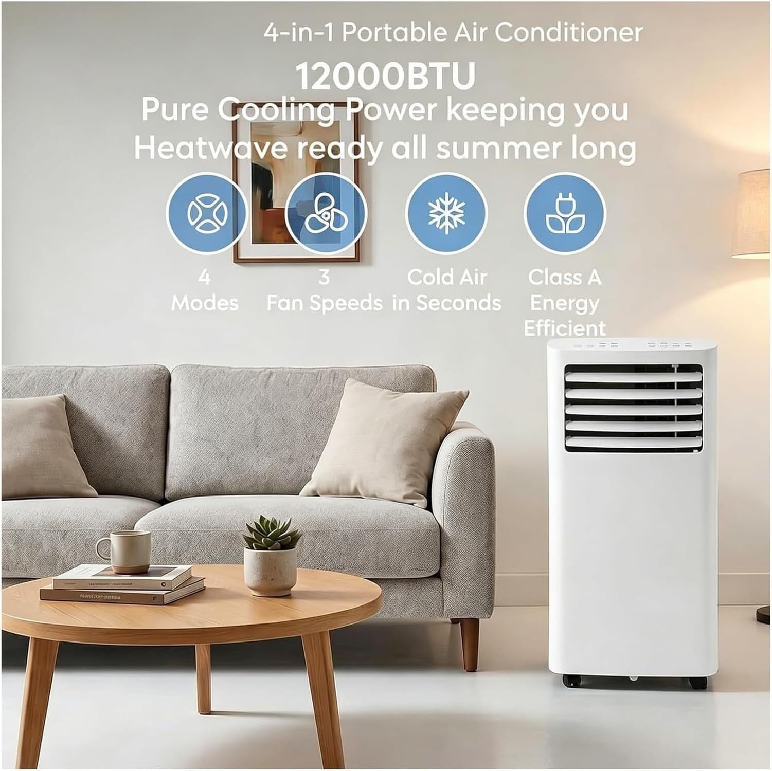 Tragbares Klimagerät 12000 BTU, hocheffizienter Klimagerät mit 24-Stunden-Timer und Fensterablauf-Set, für Büro und Zuhause bis zu 30 m², weiß, 7000 BTU