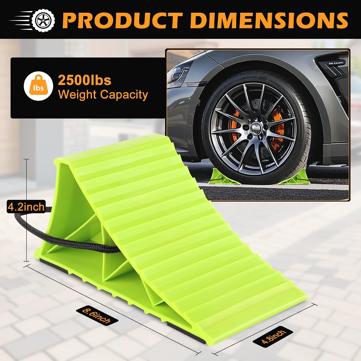 Wheel Chocks 4-Pack, Hard Plastic RV Tire Chocks with Rope for Easy Removal, Non-Slip Wheel Stoppers Block for Trailers, Trucks, Ramps, Workshops and Uneven Ground