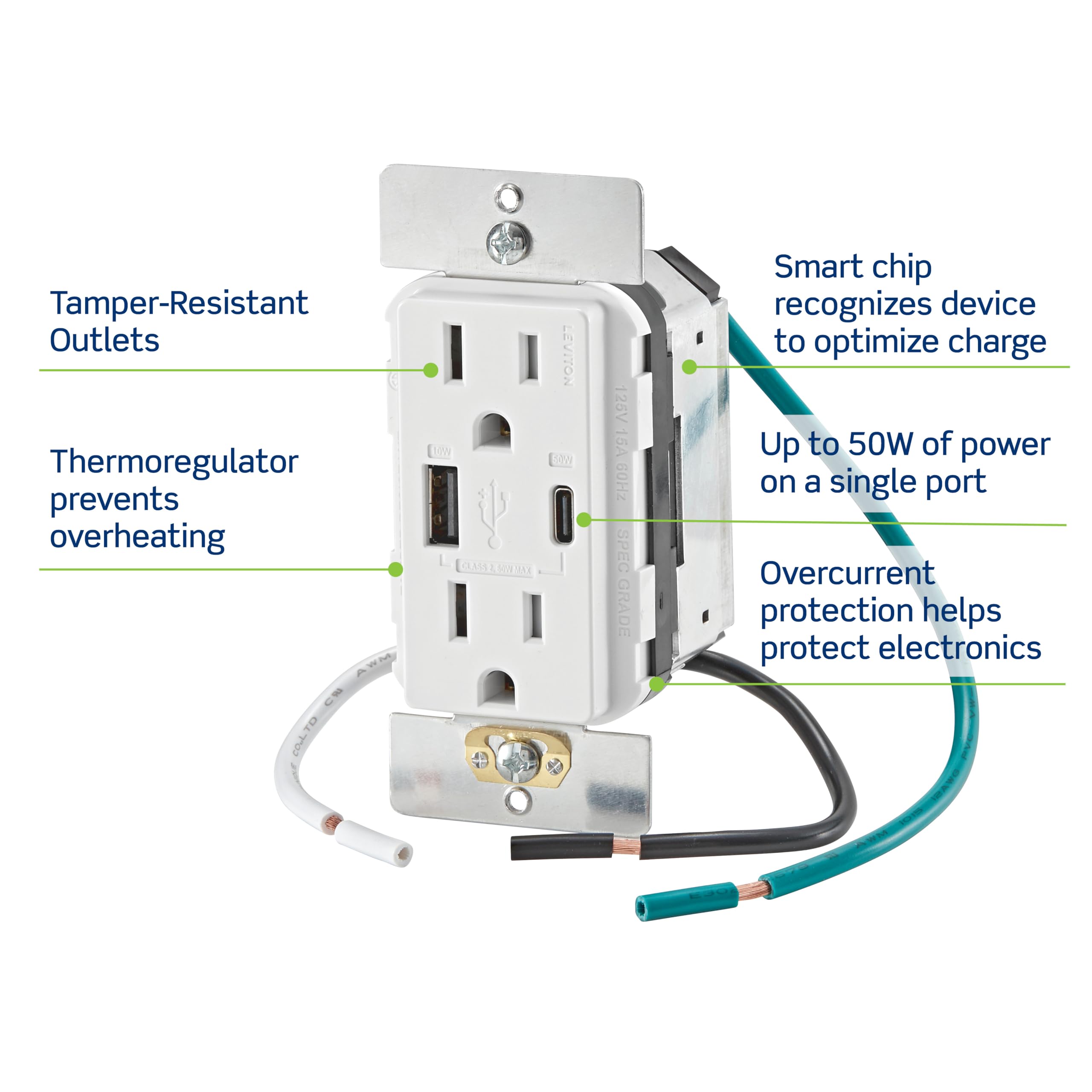 Leviton T5634-W 60W USB Type A/Type-C Power Delivery In-Wall 