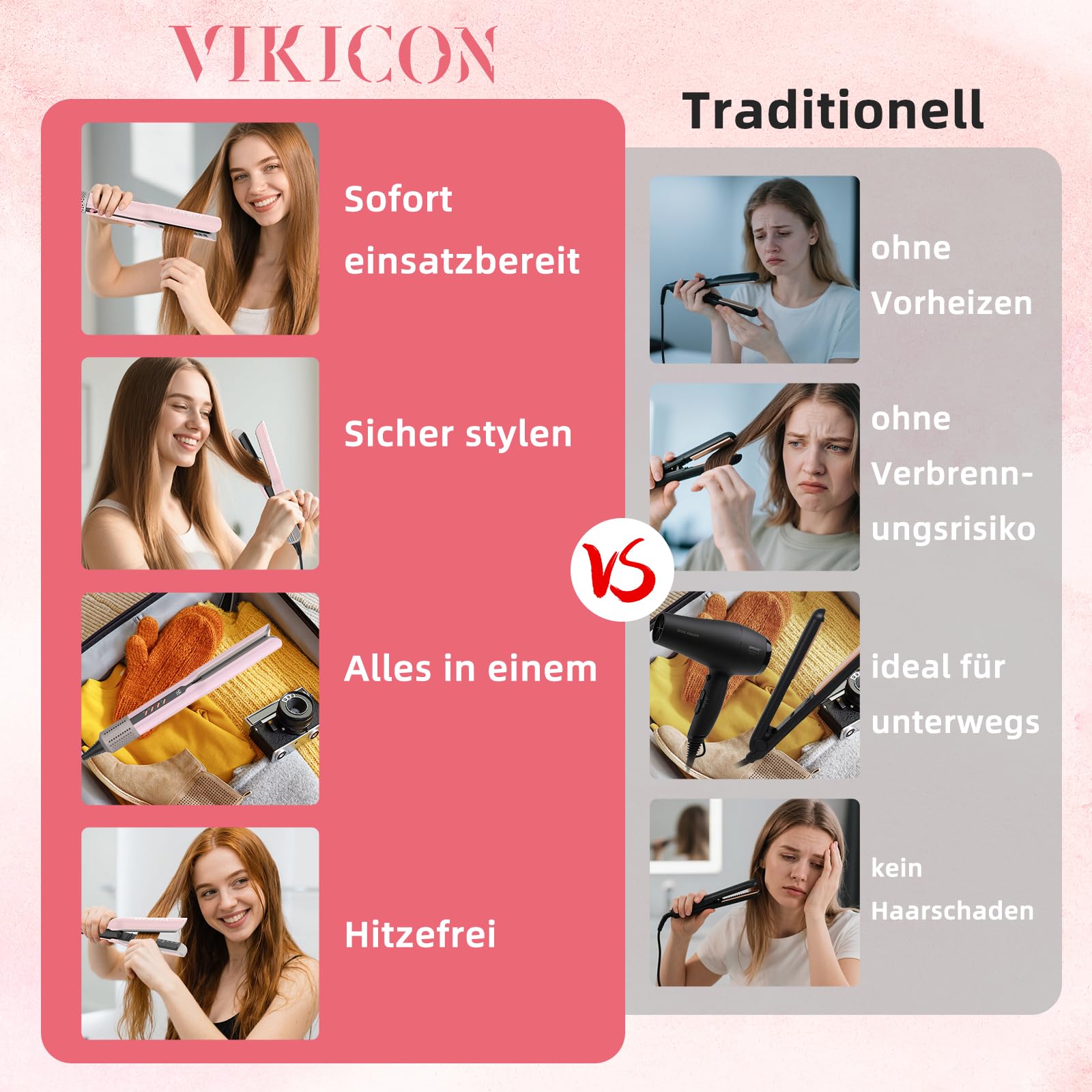 Air - Plancha de pelo sin placas calefactoras, estilo iónico para cabello largo, color rosa claro | Plancha alisadora de aire para rizar y alisar el pelo de longitud media a largo, no daña el cabello, menos rotura, más brillo