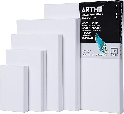 ARTME Paquete múltiple de lienzos estirados para pintura, 4 x 6 pulgadas, 6 x 8 pulgadas, 8 x 10 pulgadas, 10 x 12 pulgadas, 12 x 14 pulgadas (2 de