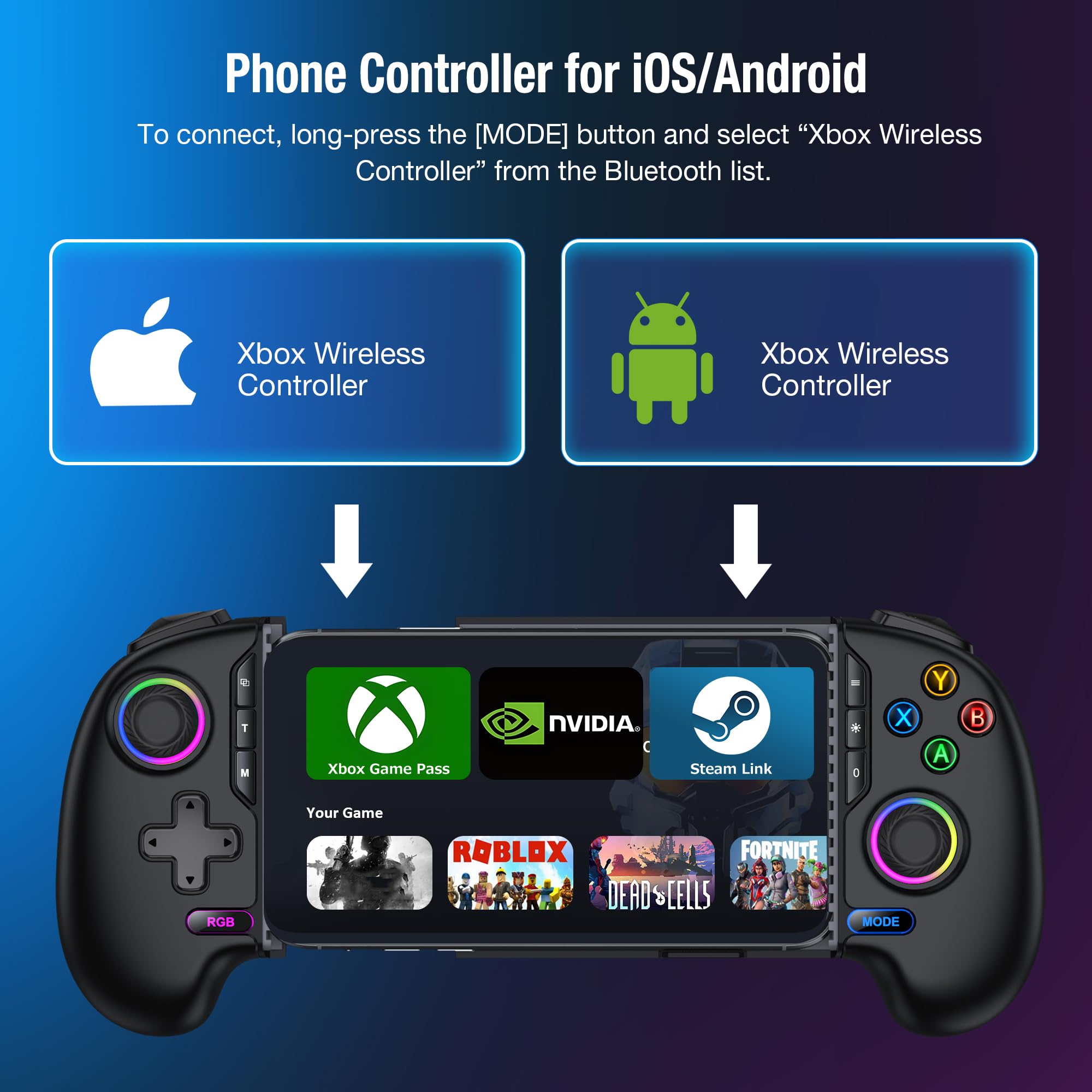 HELLCOOL Wireless Handy Controller, Handheld Smartphone Controller mit Hall Joysticks für Android/iPhone, kompatibel mit Xbox Cloud/Steam Link/GeForce Now/MFi Apple Arcade