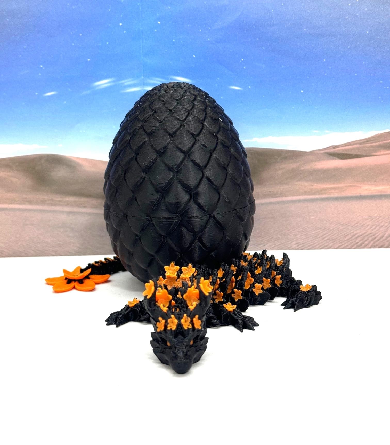 3D Printed Dragon Egg, 12 Inch Black & Orange Cherry Blossom Fidget ADHD Autism Sensory Toy D064-BE