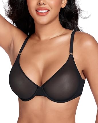 DotVol Womens Plus Size Sheer Mesh Plunge Underwire Bras Comfort Unlined Everyday Bra