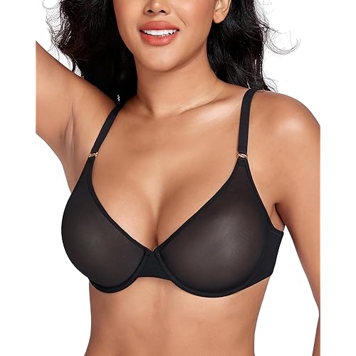 DotVol Women's Plus Size Sheer Mesh Plunge Underwire Bras Comfort Unlined Everyday Bra