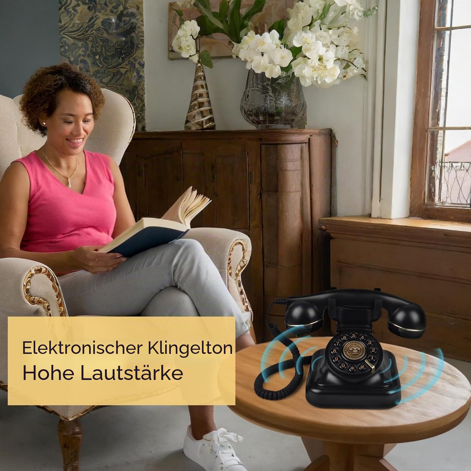 Retro-Festnetztelefon mit Druckknopf-Wahl, Vintage-Telefon mit einstellbarer Klingellautstärke und Wahlwiederholungsfunktion, Schnurgebundenes Retro-Telefon für Zuhause, Büro, Hotel (Schwarz)