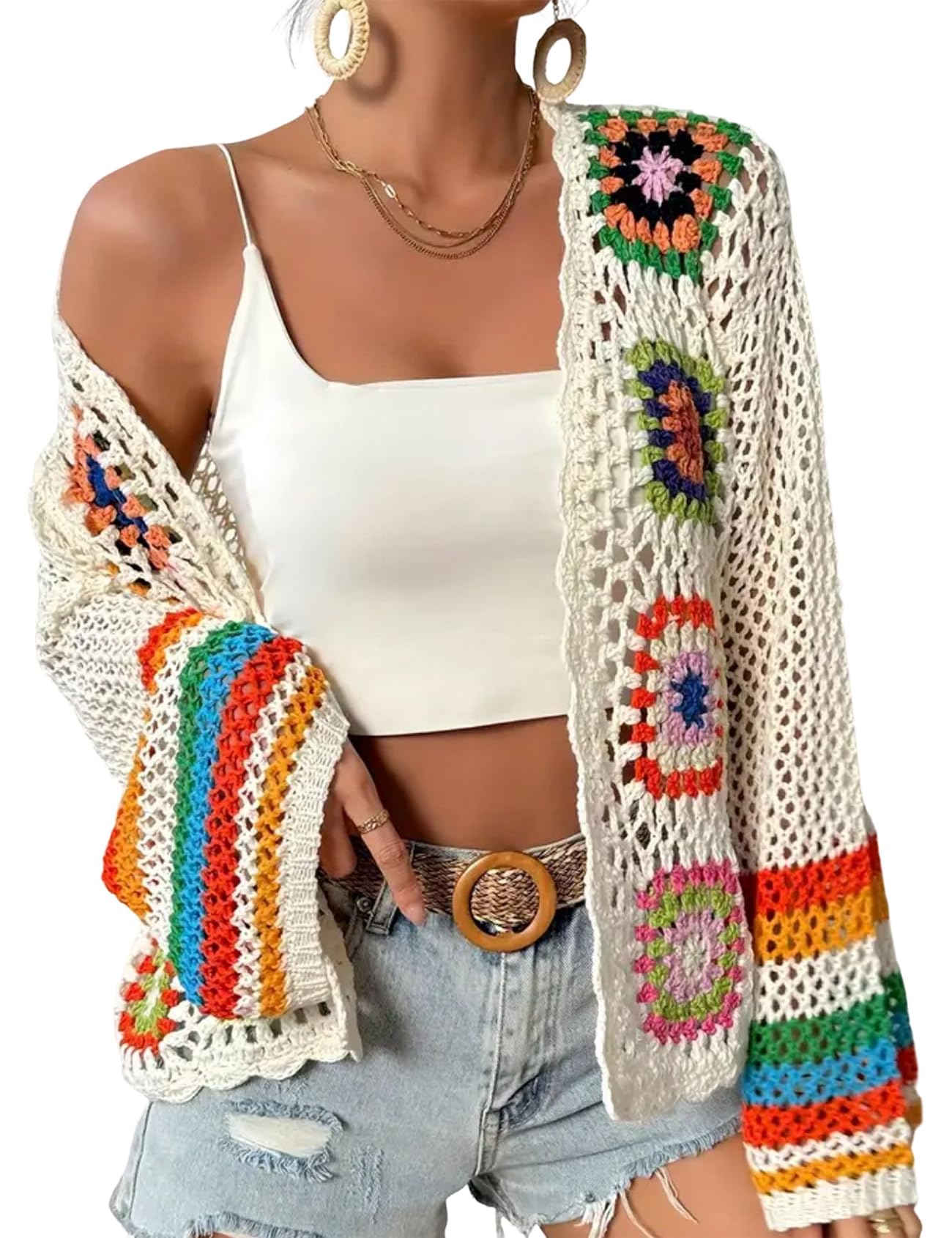Womens Floral Crochet Cardigan Boho Hollow Out Sweater Cardigan