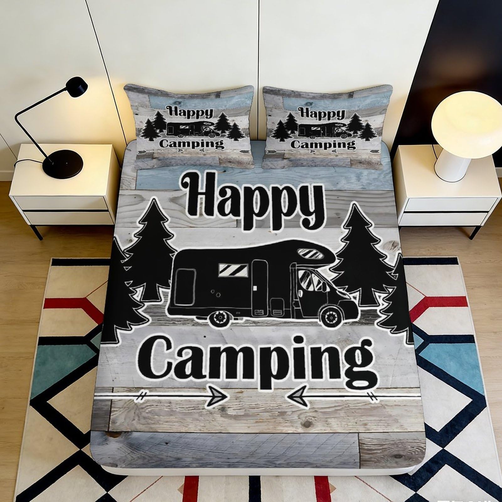Jqzkxnhpbr Style-10 3D Printed Camper Forest Fitted Sheet Microfiber Soft Grey Black Happy Camping Mattress Cover Bedroom Decor 90X200x25cm