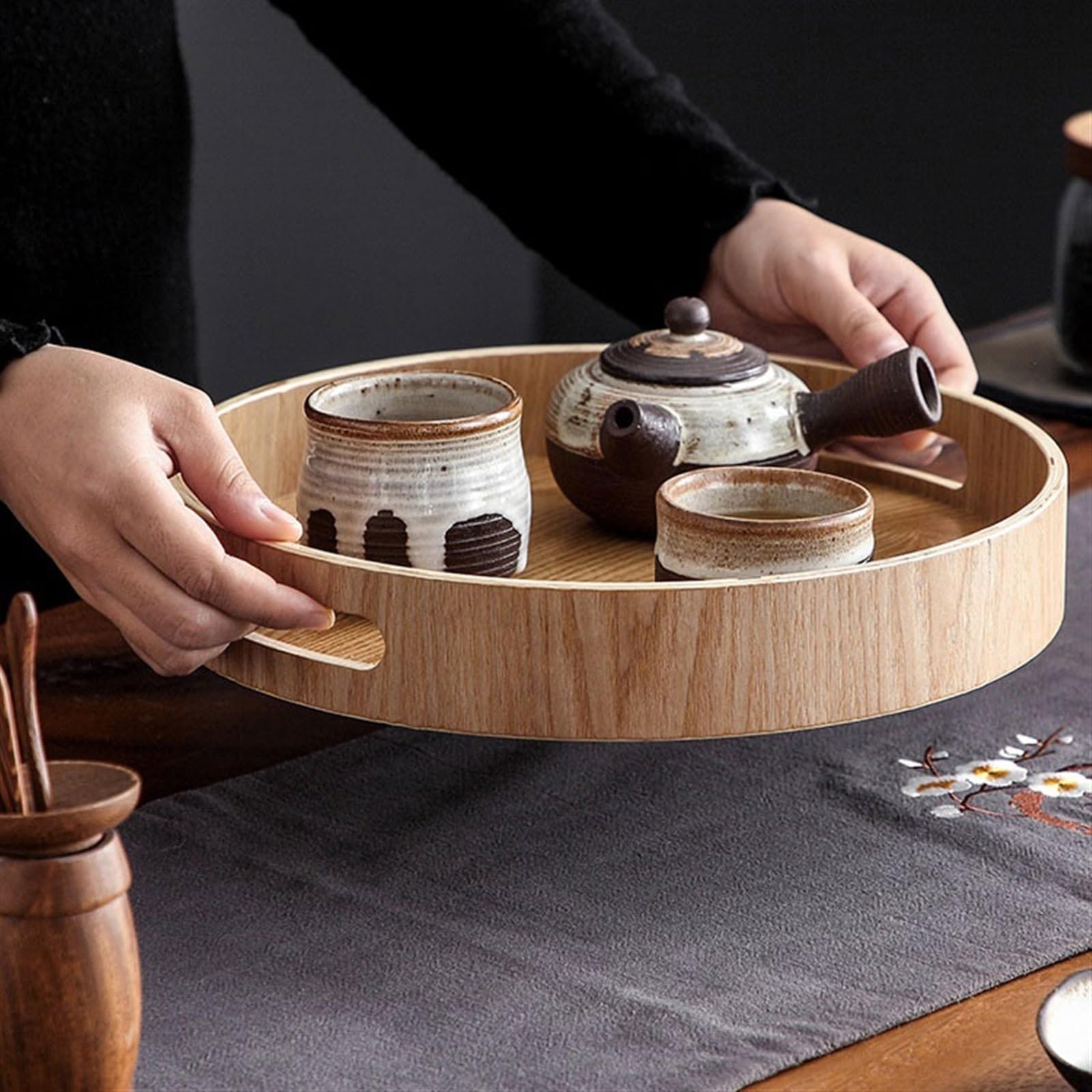 Bandeja Bandeja de Madera Circular Simple Juego té platear Cocina Servicio con Asas Dobles Decorativa Bandejas para Servir Comida(M)