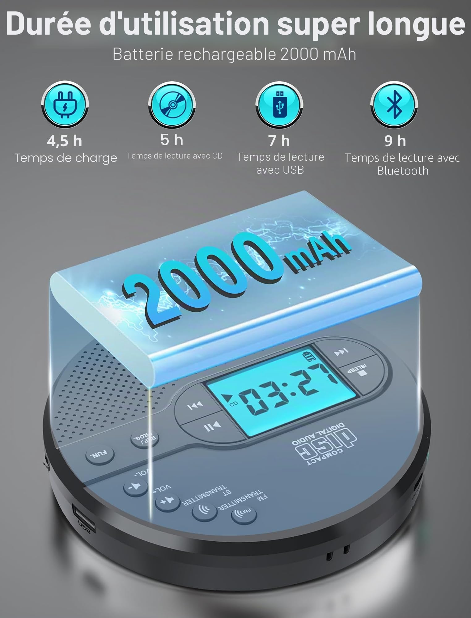 Discman Lecteur CD avec émetteur FM Bluetooth, écouteurs, écran LCD, AUX, haut-parleur intégré, port USB, lecteur CD rechargeable portable 2000 mAh (gris clair)