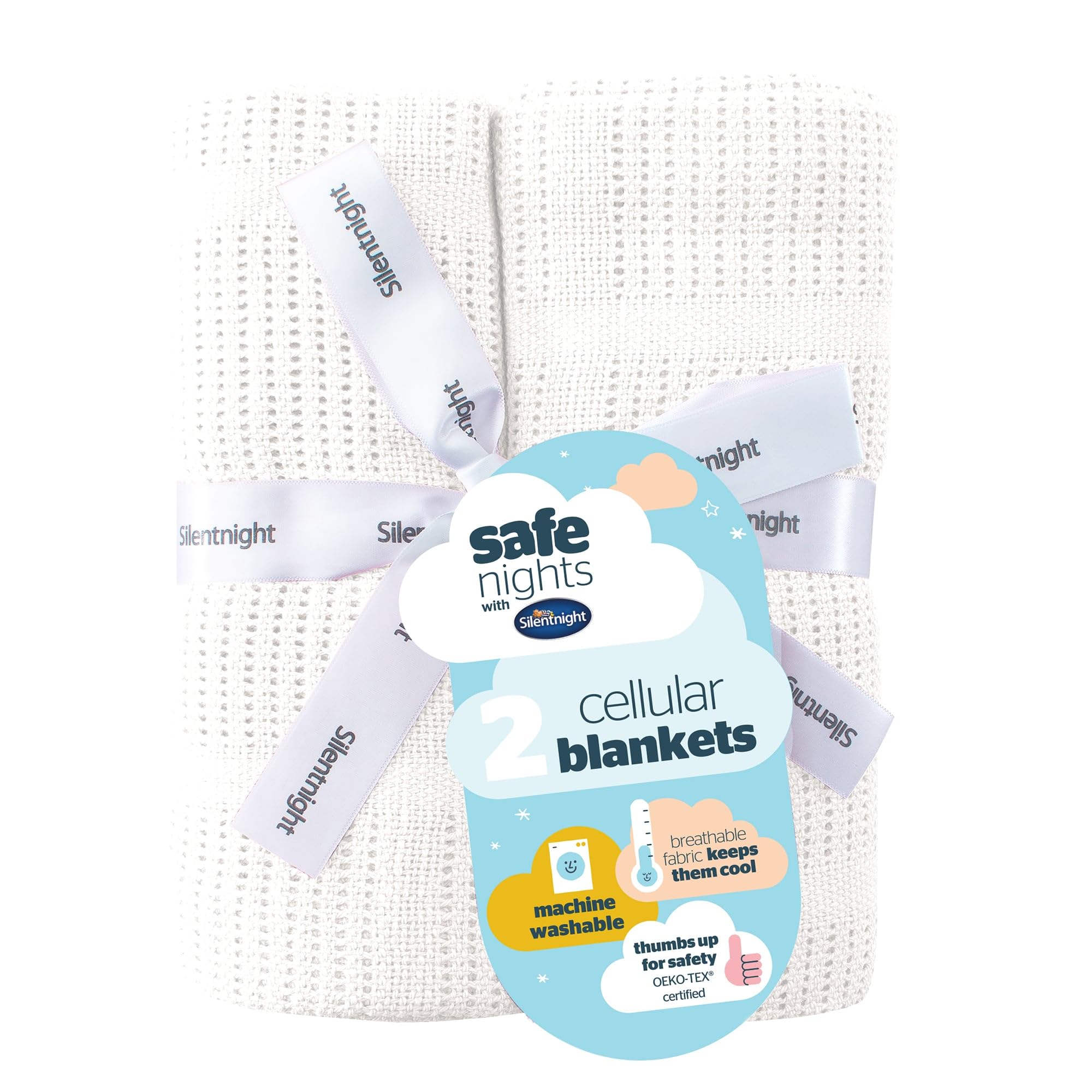 Silentnight Safe Nights Baby Blanket - Pack of 2 Soft 100% Cotton Cellular Baby Blanket for Newborn Ideal for Cot, Crib, Moses Basket and Pram - Baby Essentials - 2 Pack - White