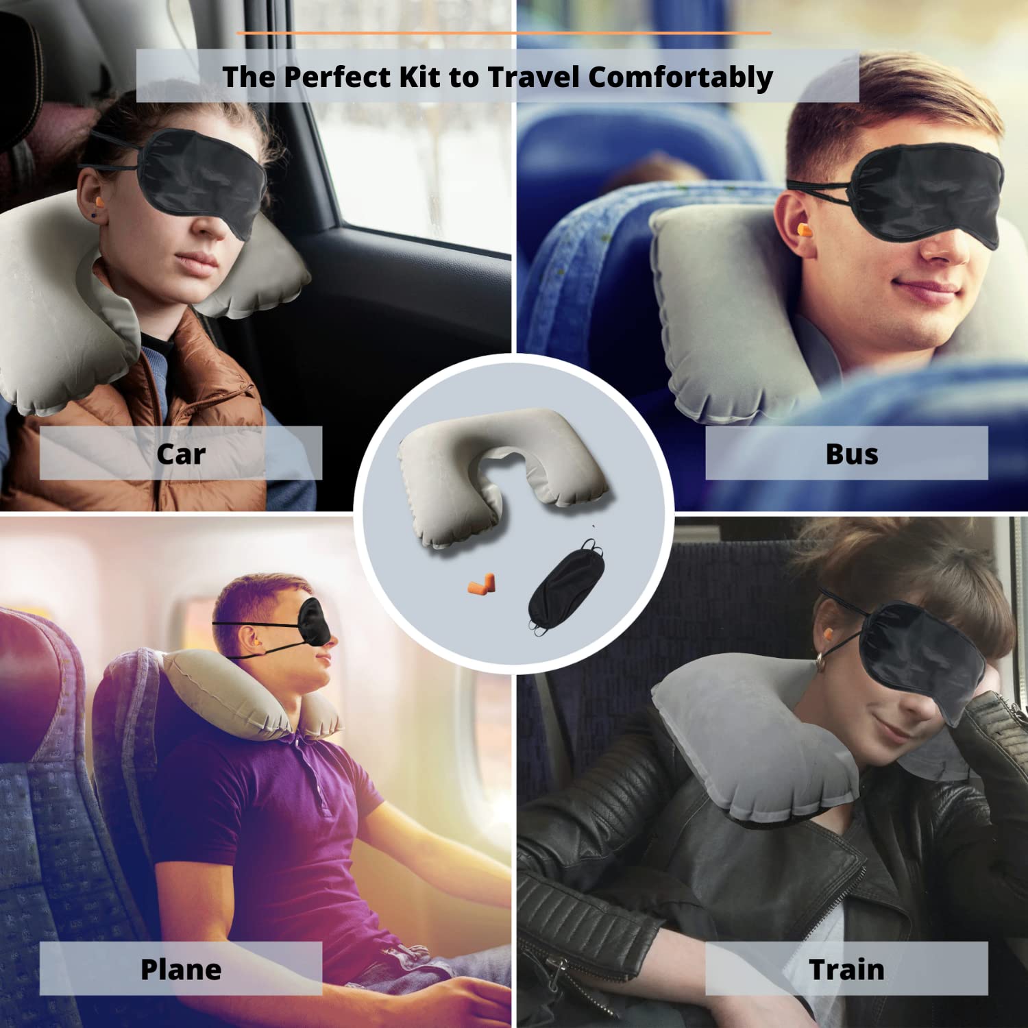 Cuscino Da Viaggio Gonfiabile Con Mascherina E Tappi - Per Aereo, Treno, Auto - Foto 2