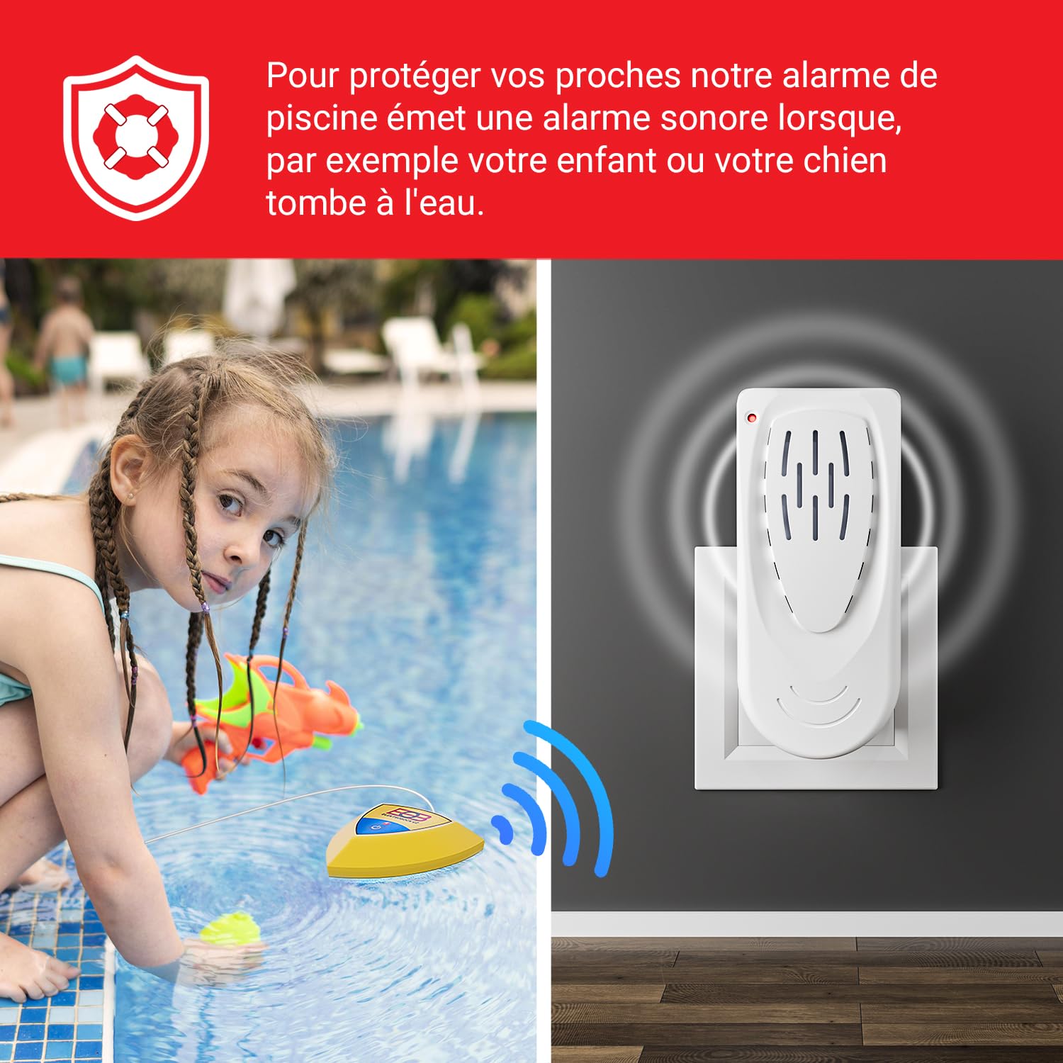 ELEKTROBOCK Alarme de piscine ELBO-073 - Détecteur de mouvement flottant avec sirène 95dB, l'eau bouge - le récepteur radio déclenche une alarme forte, installation facile, IP67, pour toutes piscines
