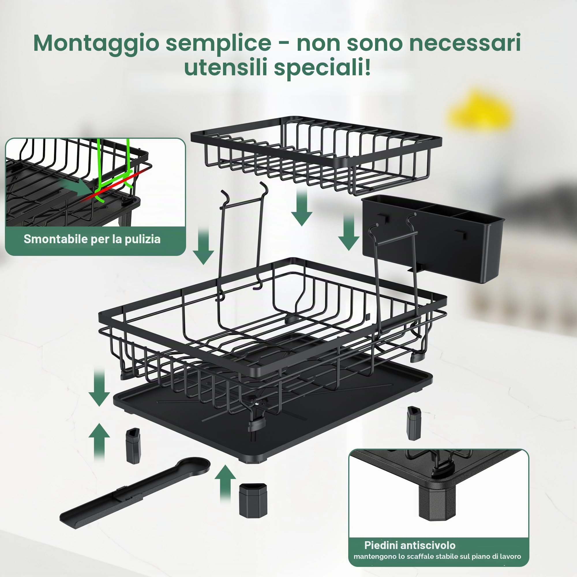 Rottogoon Scolapiatti grande a 2 ripiani in acciaio inox per bancone della cucina, resistente, con scolapiatti per vari utensili da cucina, nero