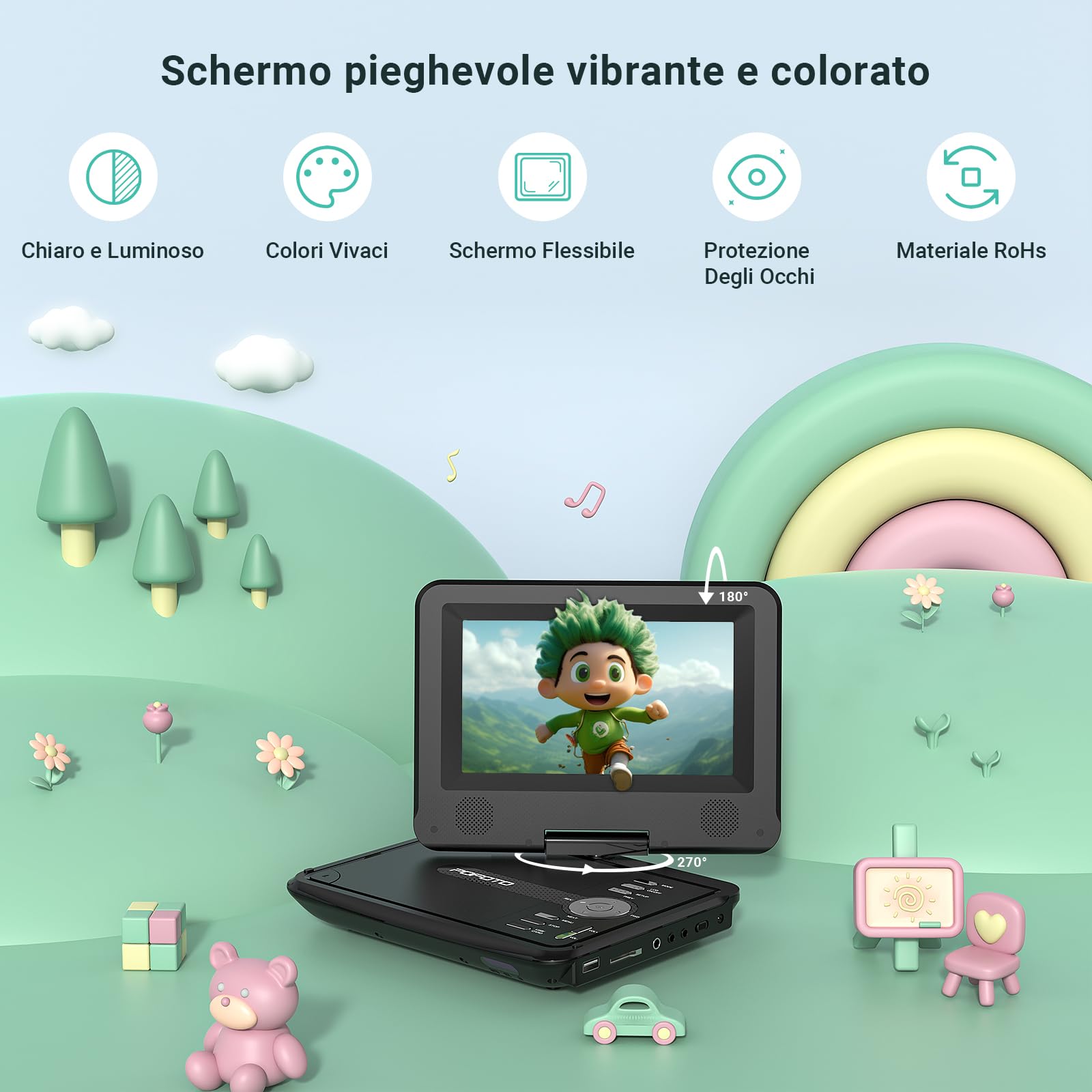 POFOTO Lettore DVD Portatile 9,5'' con Schermo HD Ruotabile 7,5'', Batteria 4-6 Ore, Supporto Multiformato Dischi/SD/USB, Antiurto, Riproduzione Memoria, Sync TV e Proiettore, con Caricatore per Auto