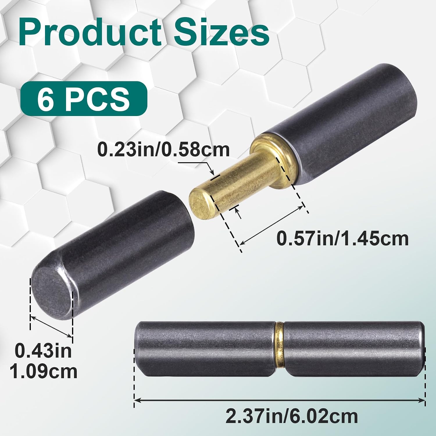 6pcs Weld on Barrel Hinges, Heavy Duty Carbon Steel Gate Hinges, 2-1/2" Long 3/8" Diameter Detachable Round Body Bullet Hinge for Trailer Ramp, Swing Door, Drive Gate, Pin OD 0.23 in