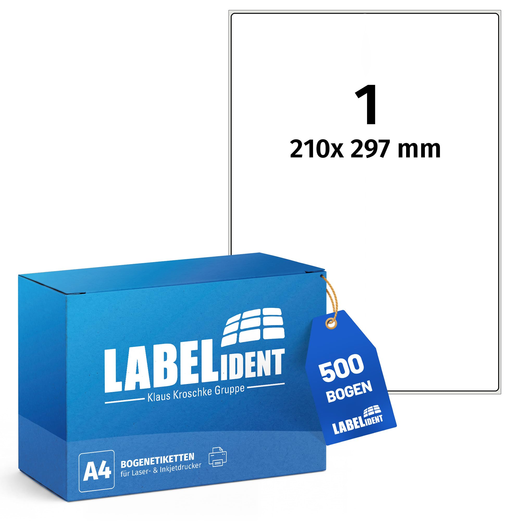Labelident Etichette per spedizione, formato A4, 210 x 297 mm, 500 etichette autoadesive su 500 fogli DIN A4, per DHL, DPD, Fedex, GLS, Hermes, UPS – per stampanti laser e inkjet I carta opaca