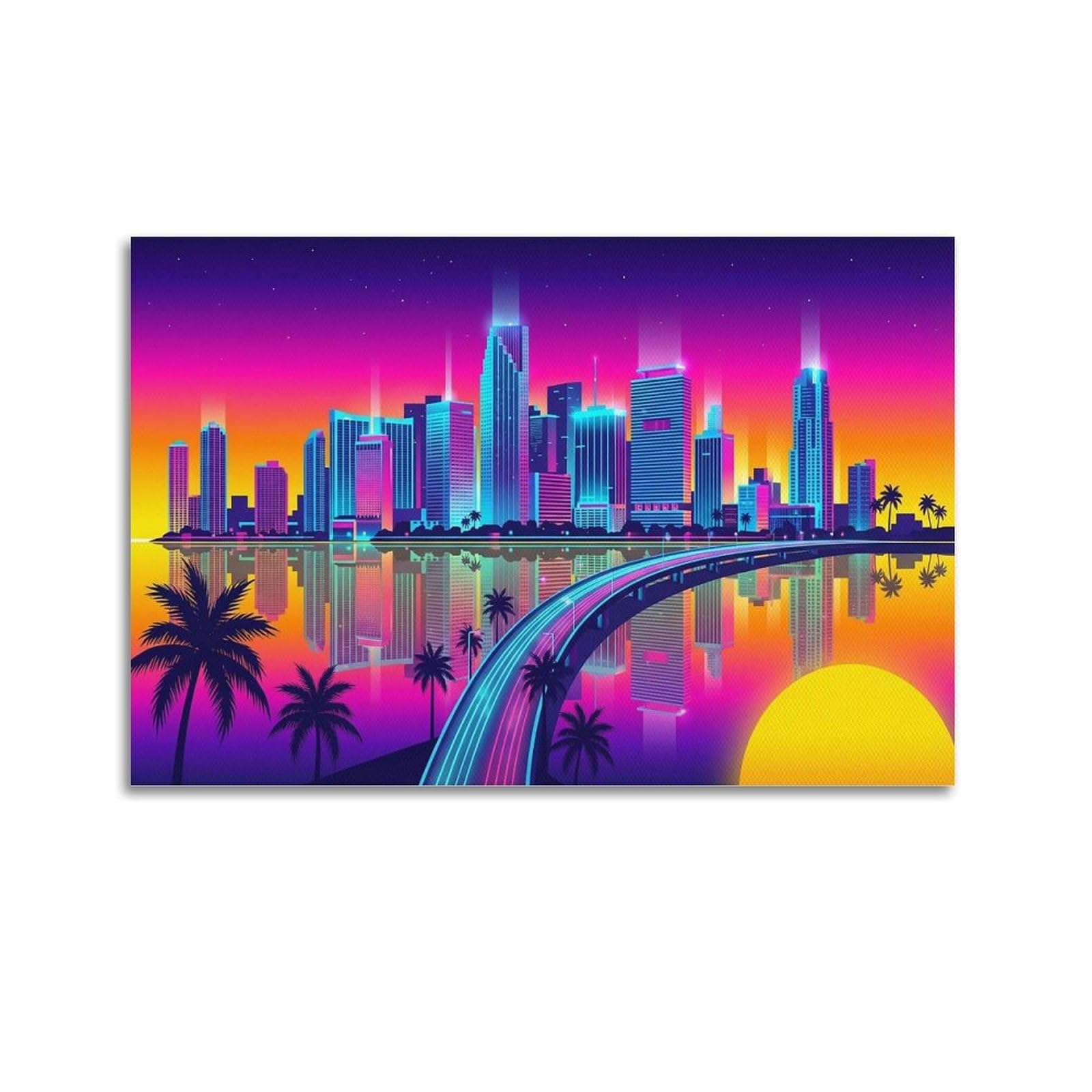 XKUGA Retro Pop Punk Miami Landmark Skyline Poster Modern Decorative Canvas Prints - Ideal Wall Art for Family, Man Cave, Game Room, Boys & Girls Bedroom 20x30inch(50x75cm)