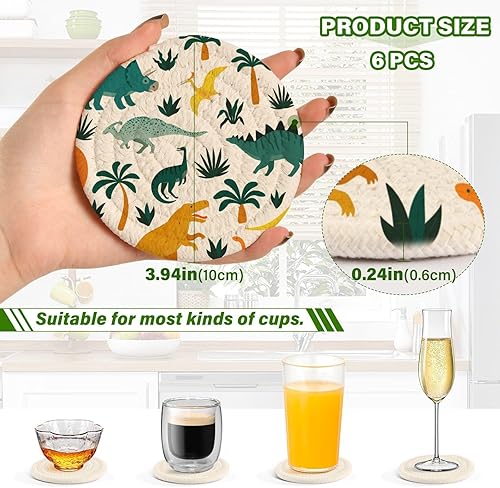 Miniatura 3 de Hand Drawn Dinosaurs and Tropical Leaves Coasters Absorbent Coasters for Coffee Table and Holder Set of 6