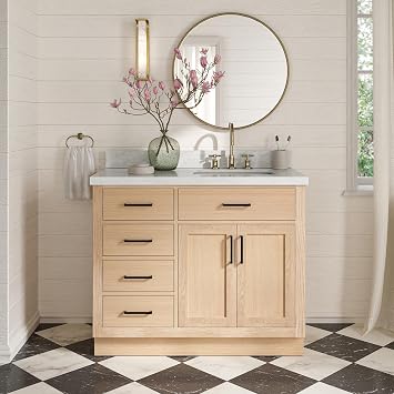 ARIEL Hepburn 42-inch Bathroom Vanity with Sink,Solid Wood, 1.5-inch Italian Carrara Marble Countertop, Single Rectangular Porcelain Sink, 2 Soft Closing Doors, 5 Dovetail Drawers, White Oak