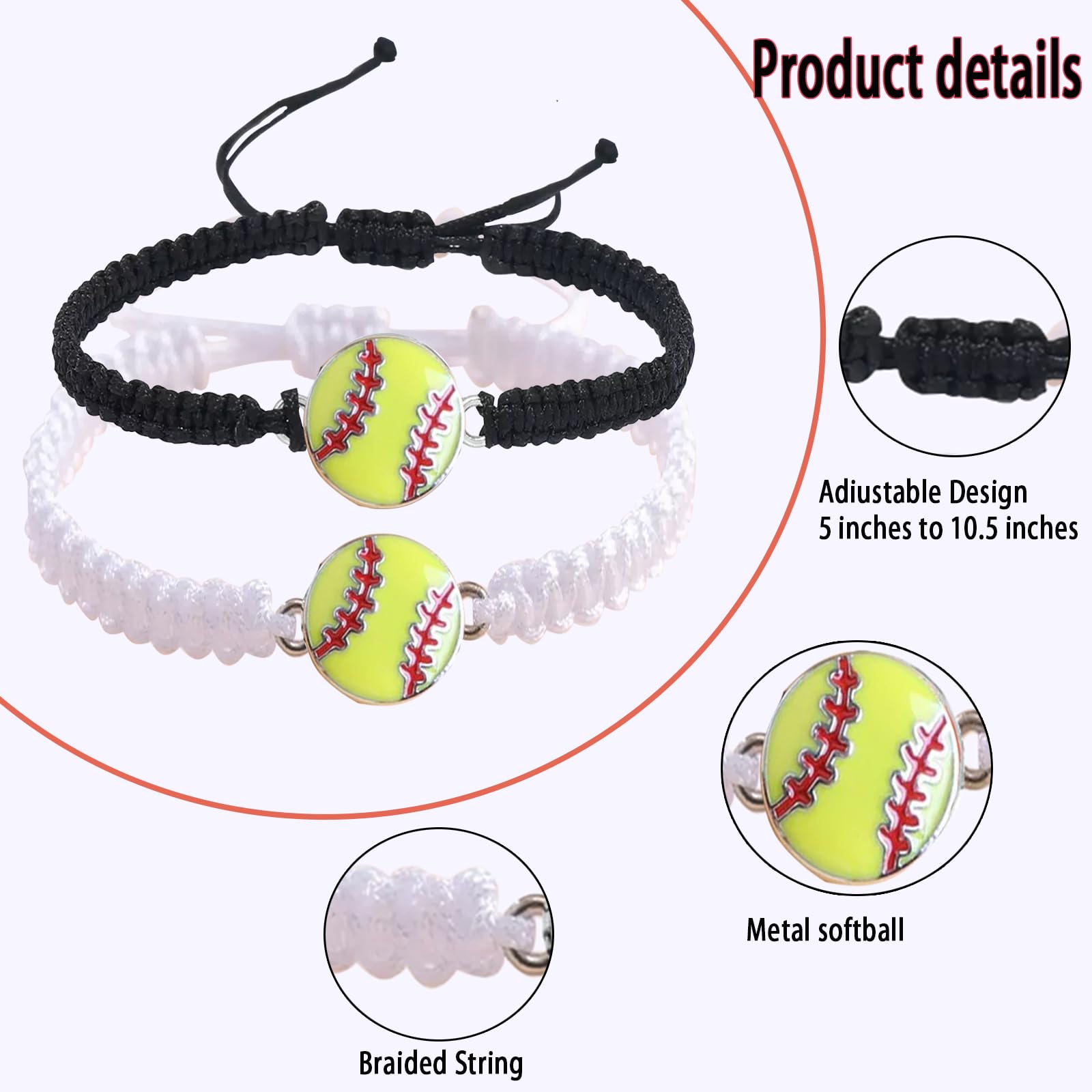 Delllala 2pcs Braided Sport Bracelets, Sports Accessories Adjustable, Softball? Basketball, Baseball?Soccer, Football Jewelry for Fans, Ideal for Birthday or for Easter Gifts (Softball.)