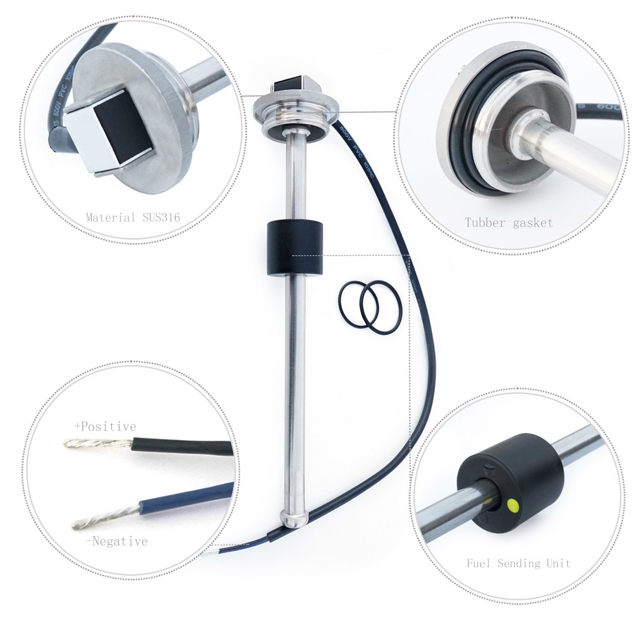 9.5" Resistive Fuel Tank Level Sensor S3 Operates at 24033 Ohms, 316