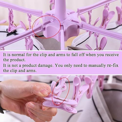 Miniatura 5 de Estante de secado plegable con 24 clips para secar calcetines, ropa de bebé, toallas de secado giratorias, 2 unidades (rosa)