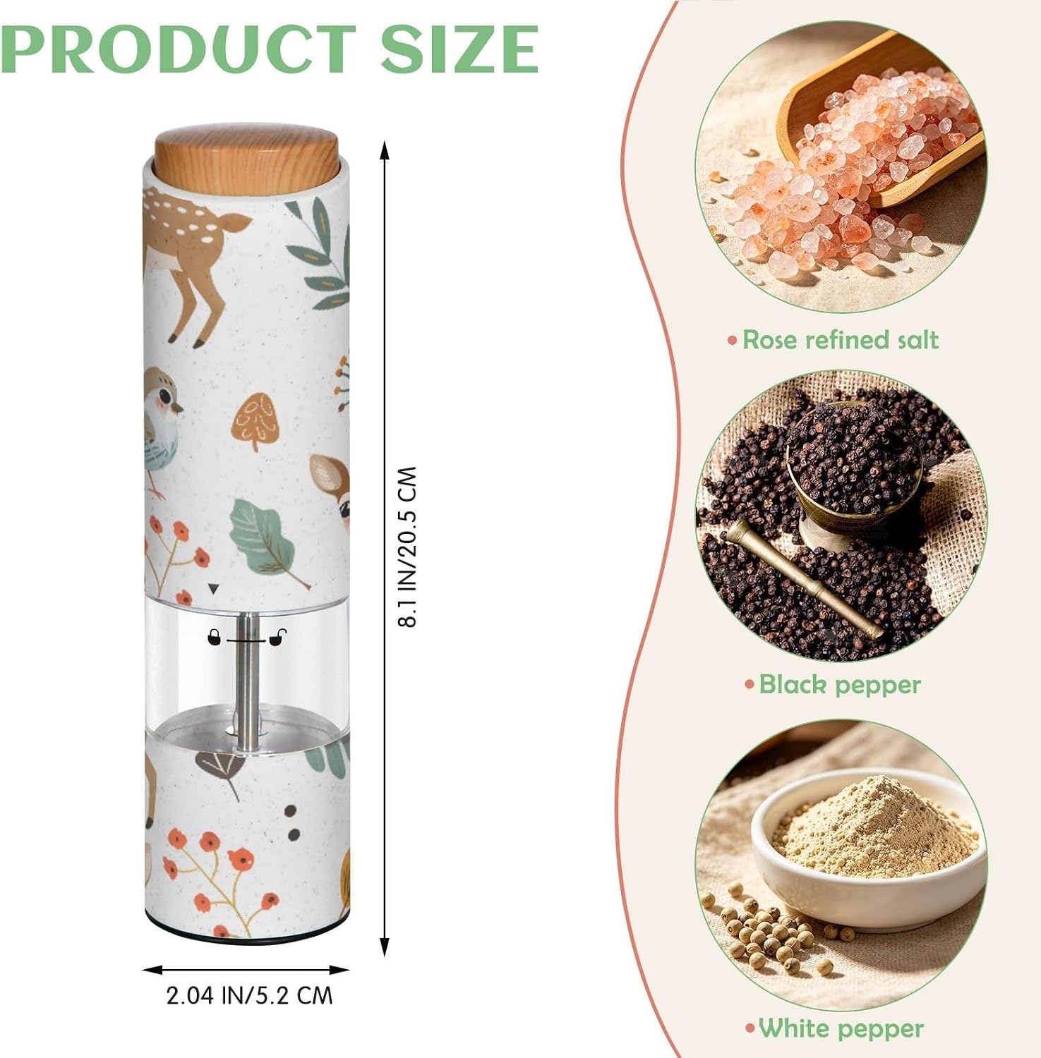 ALAZA Electric Pepper Grinder with Adjustable Coarseness, Forest Animals Deer Battery Automatic Salt and Pepper Mill with Led, One-Handed Operation Spice Grinder for Kitchen, Camping & BBQ