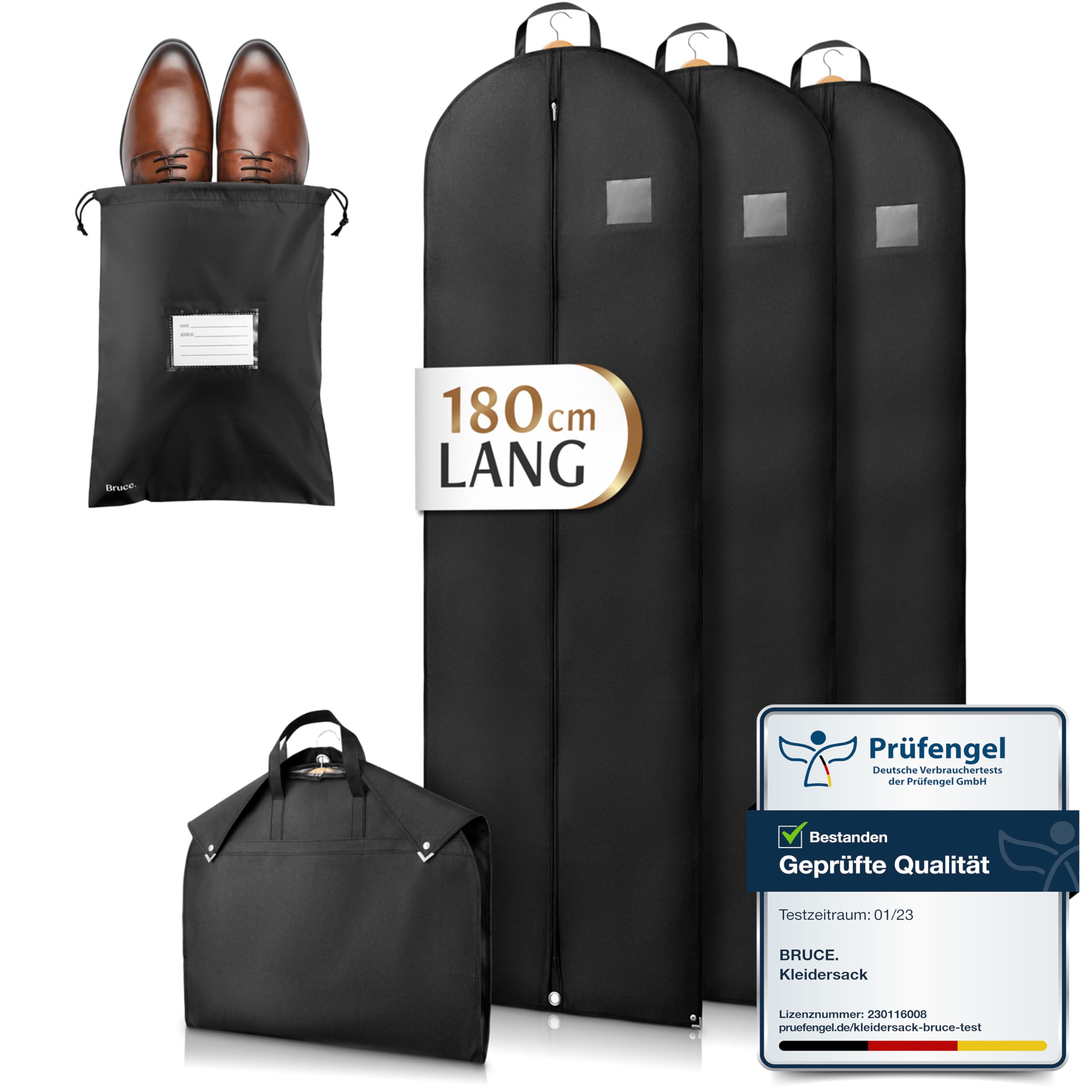 Bruce.® 3x Premium Garment Bags 180x60cm with 1x Shoe Bag, Breathable Clothes Cover for Suits Dresses, Coats & Jackets