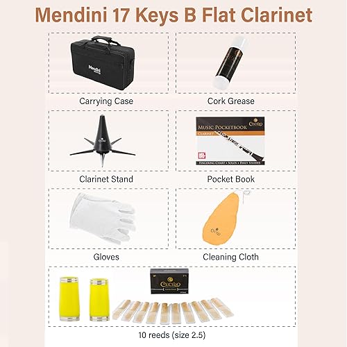 Miniatura 12 de Mendini ABS B Clarinete plano con 2 carriles, estuche, soporte, bolsillo, boquilla, 10 cañas y más, Verde