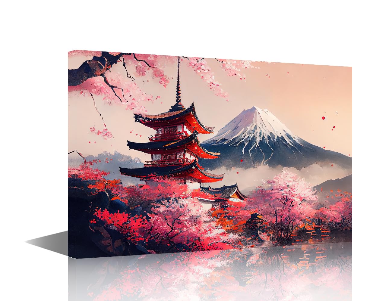 TISHIRON Landscape Canvas Wall Art for Bedroom Living Room Mount Fuji Modern Home Decor Cherry Blossom Tree Painting Pictures Office Contemporary Artwork Frame Ready to Hang, 24x16in