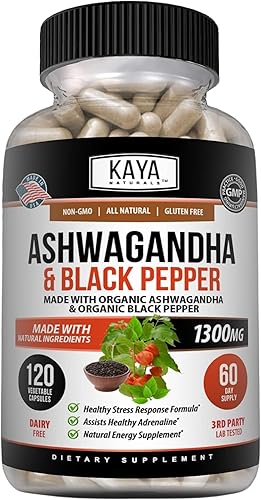 Kaya Naturals Ashwagandha 1300 mg, 120 cápsulas para aliviar el estrés, suprarrenal, el estado de ánimo y la tiroides, pimienta negra y Ashwagandha