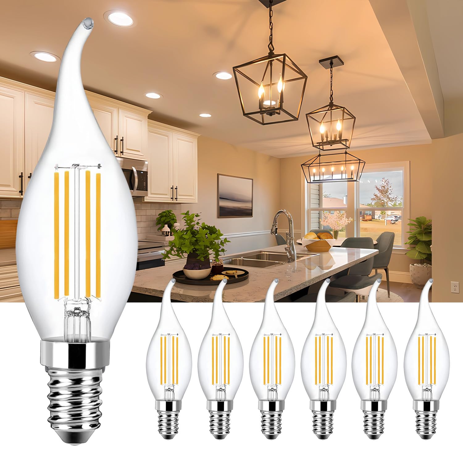 Rnyloas CA11 Chandelier Dimmable Light Bulbs 2700k Warm White 6W 120V, 6 Pcs High Output CA11 60 Watt Candelabra Base Bulbs Led, No Flicker CA 11 LED